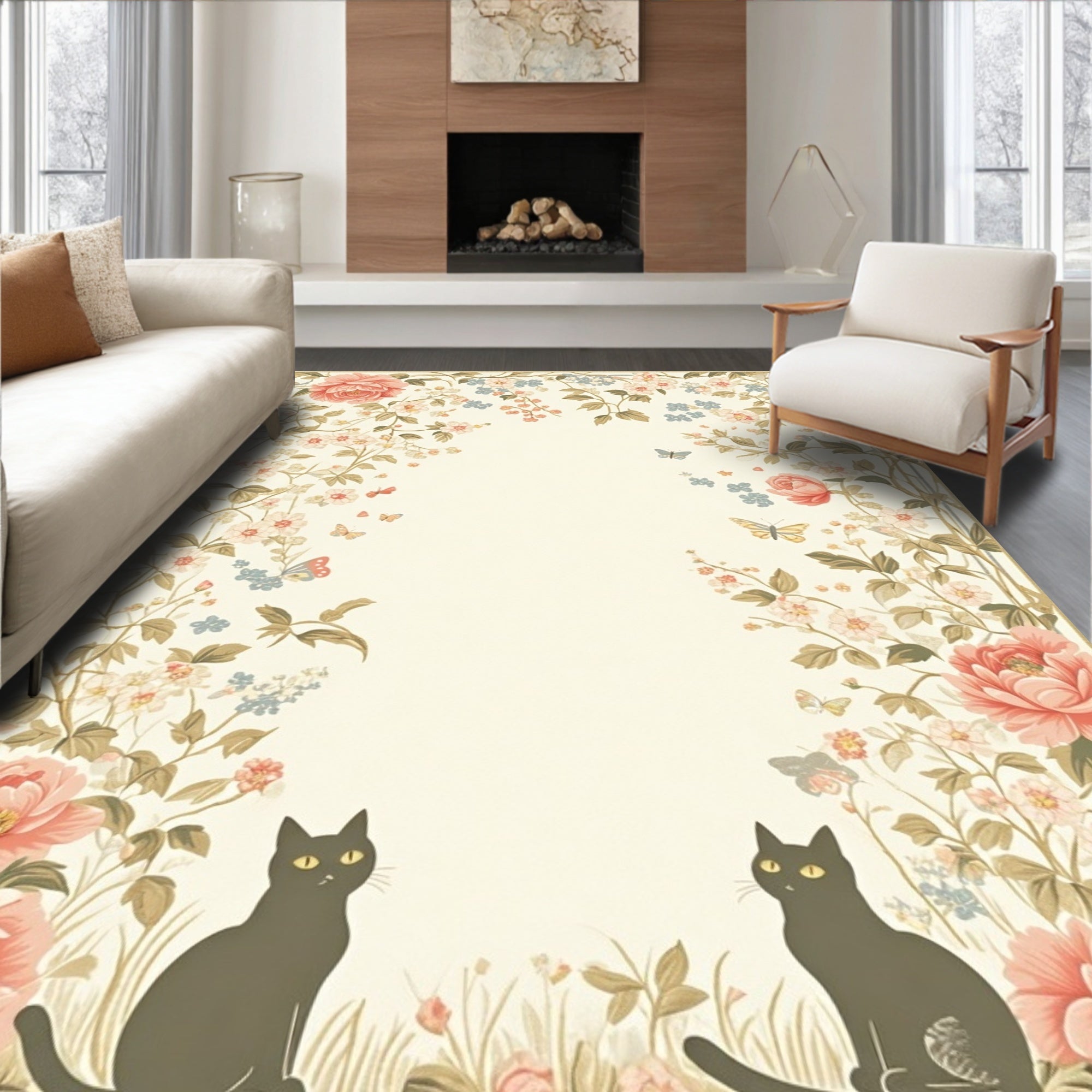 Two Black Cats with Floral Border Rug