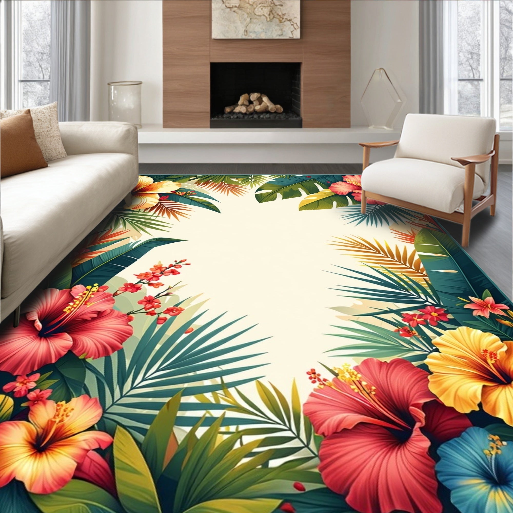 Tropical Floral Hibiscus Foliage Design Rug