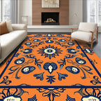 Orange Navy Floral Medallion Bordered Rug