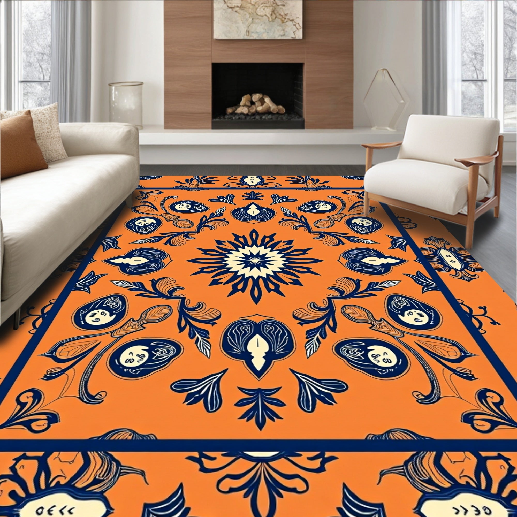Orange Navy Floral Medallion Bordered Rug