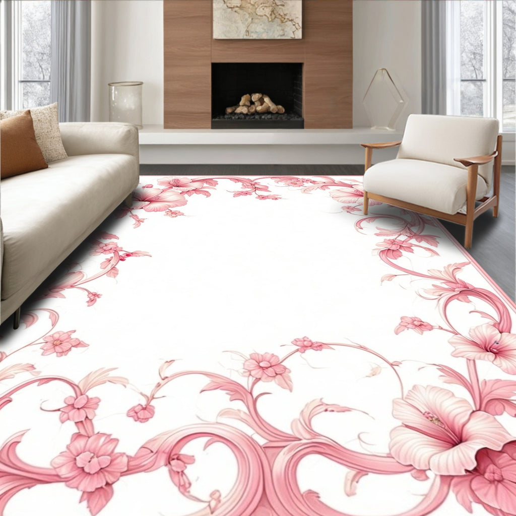 Elegant Pink Floral Scrollwork Rug