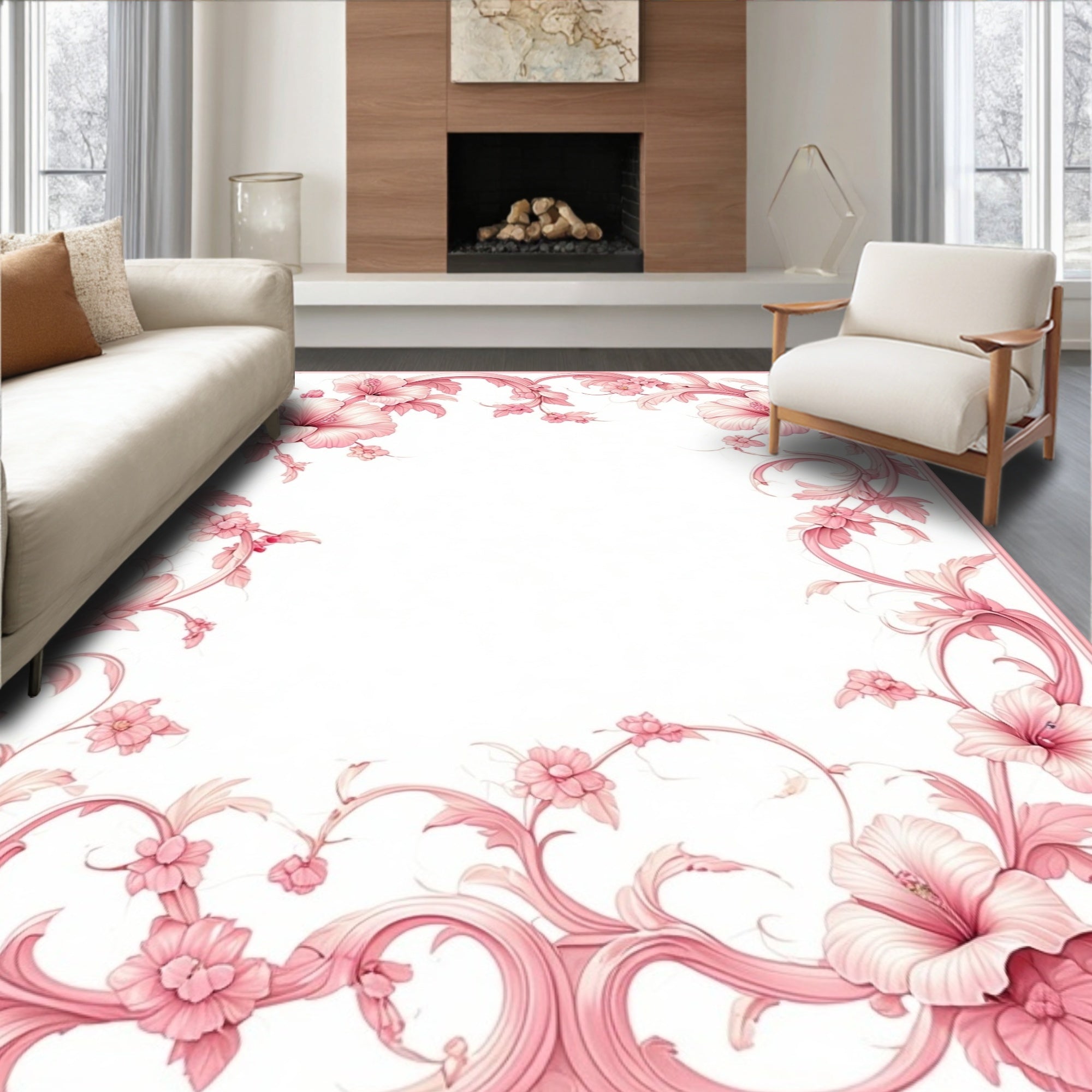 Elegant Pink Floral Scrollwork Rug