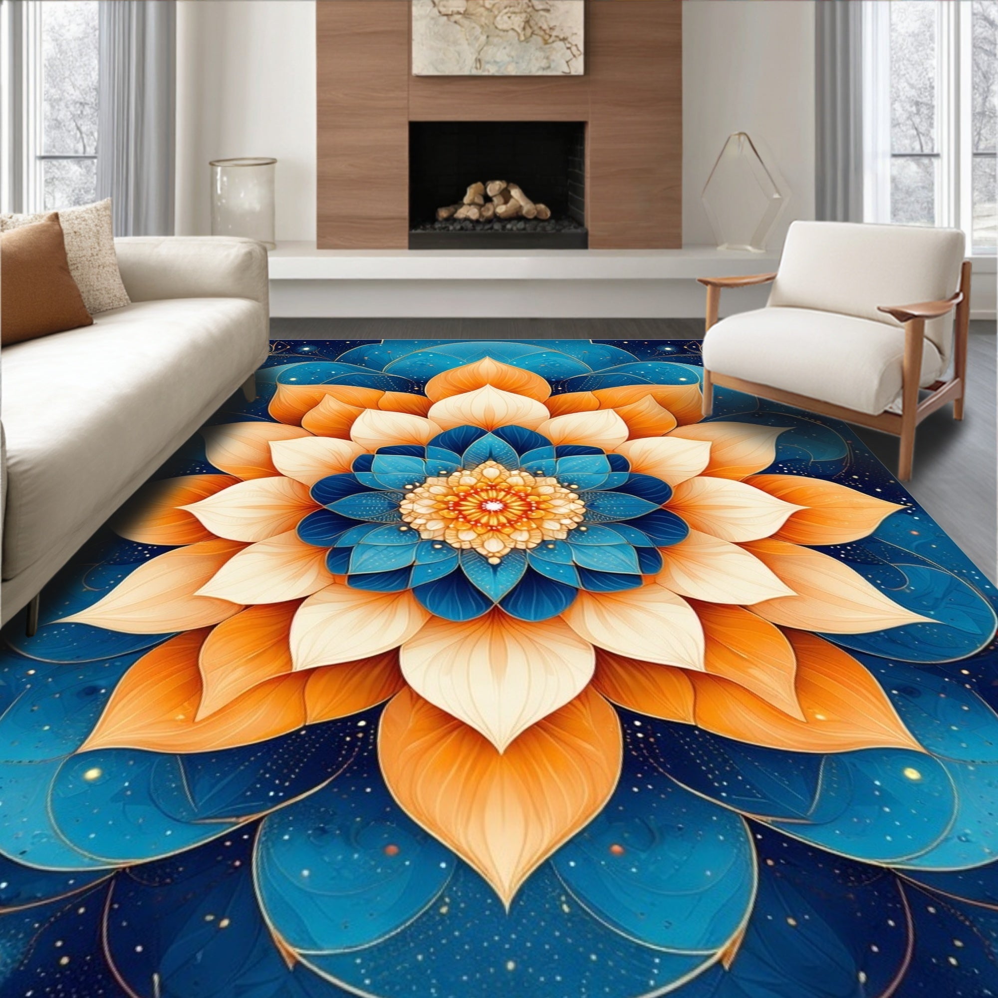 Mandala Floral Pattern Blue Orange Rug