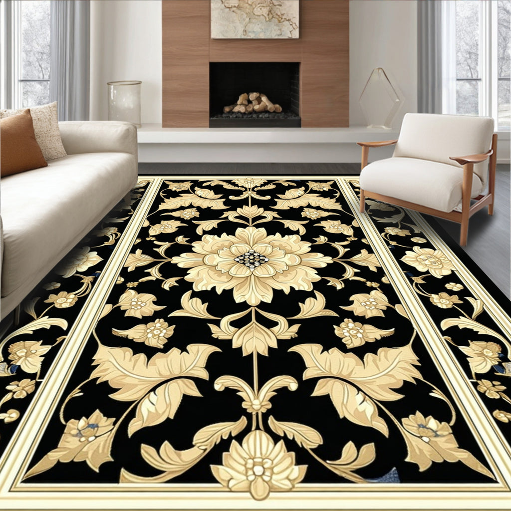 Classic Black Gold Floral Arabesque Rug