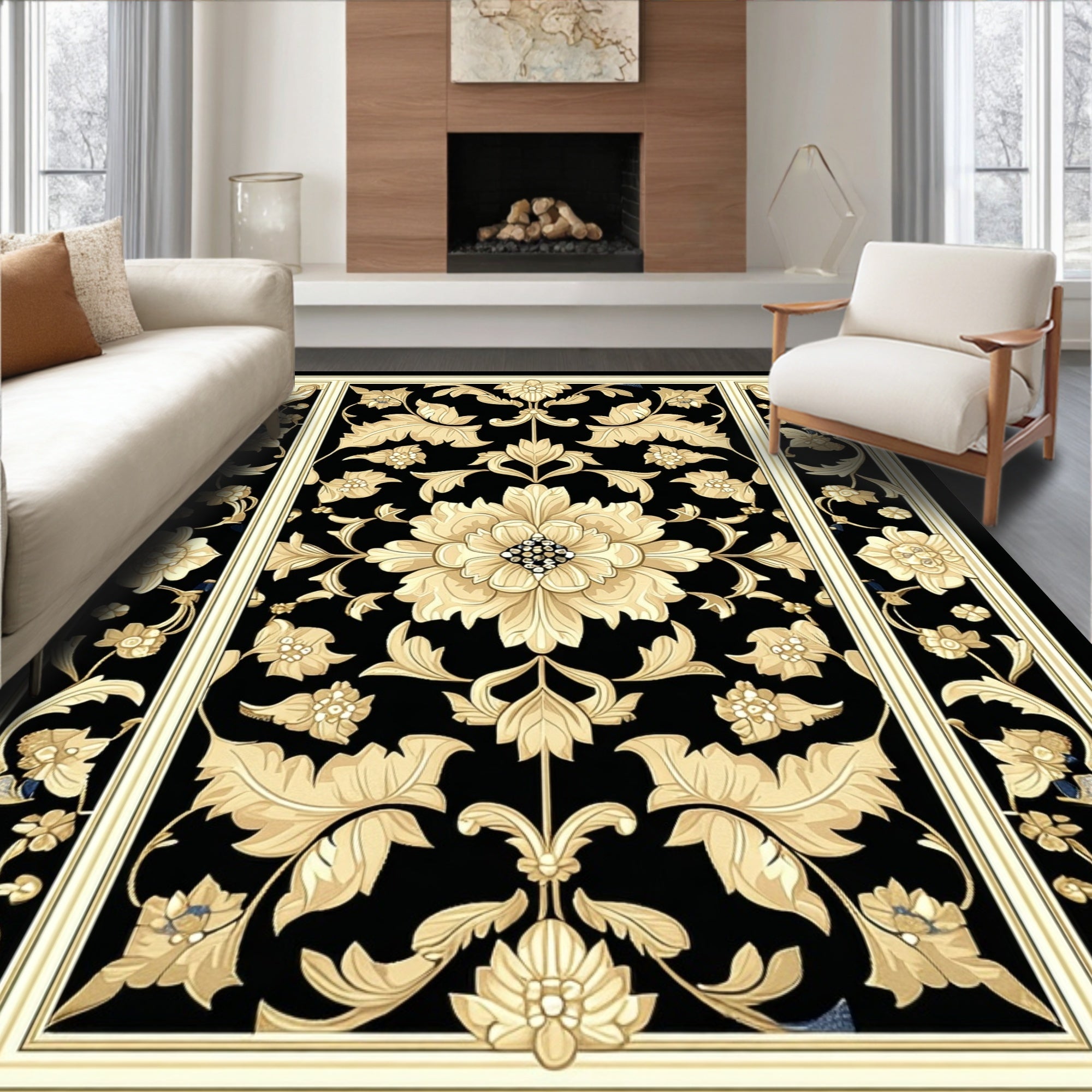 Classic Black Gold Floral Arabesque Rug