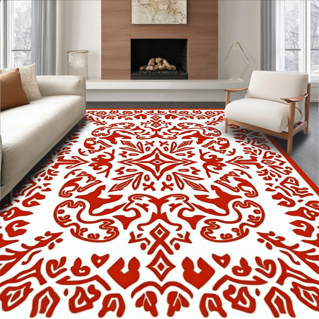 Intricate Red Floral Scrollwork Design Rug