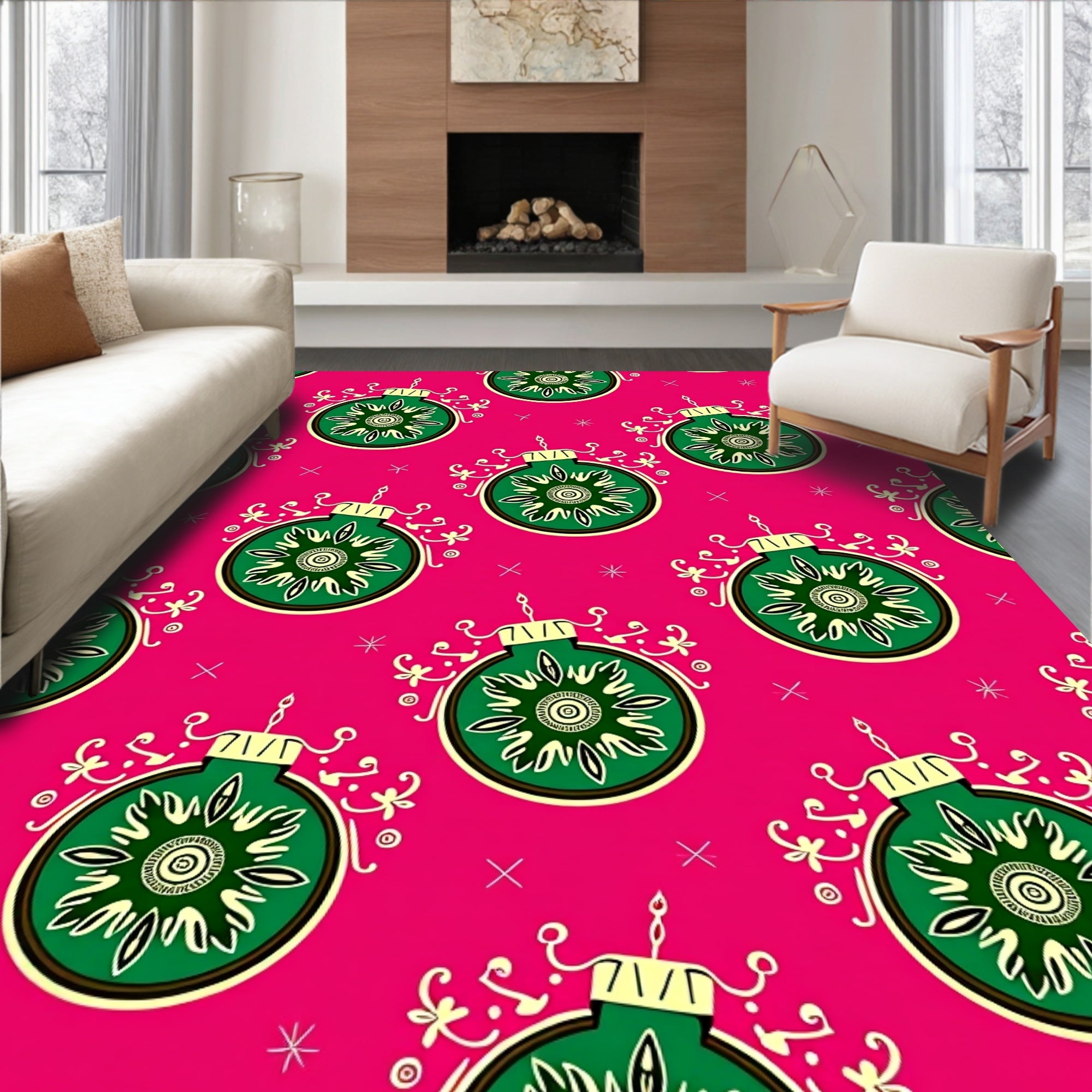 Bright Pink Green Snowflake Ornament Rug