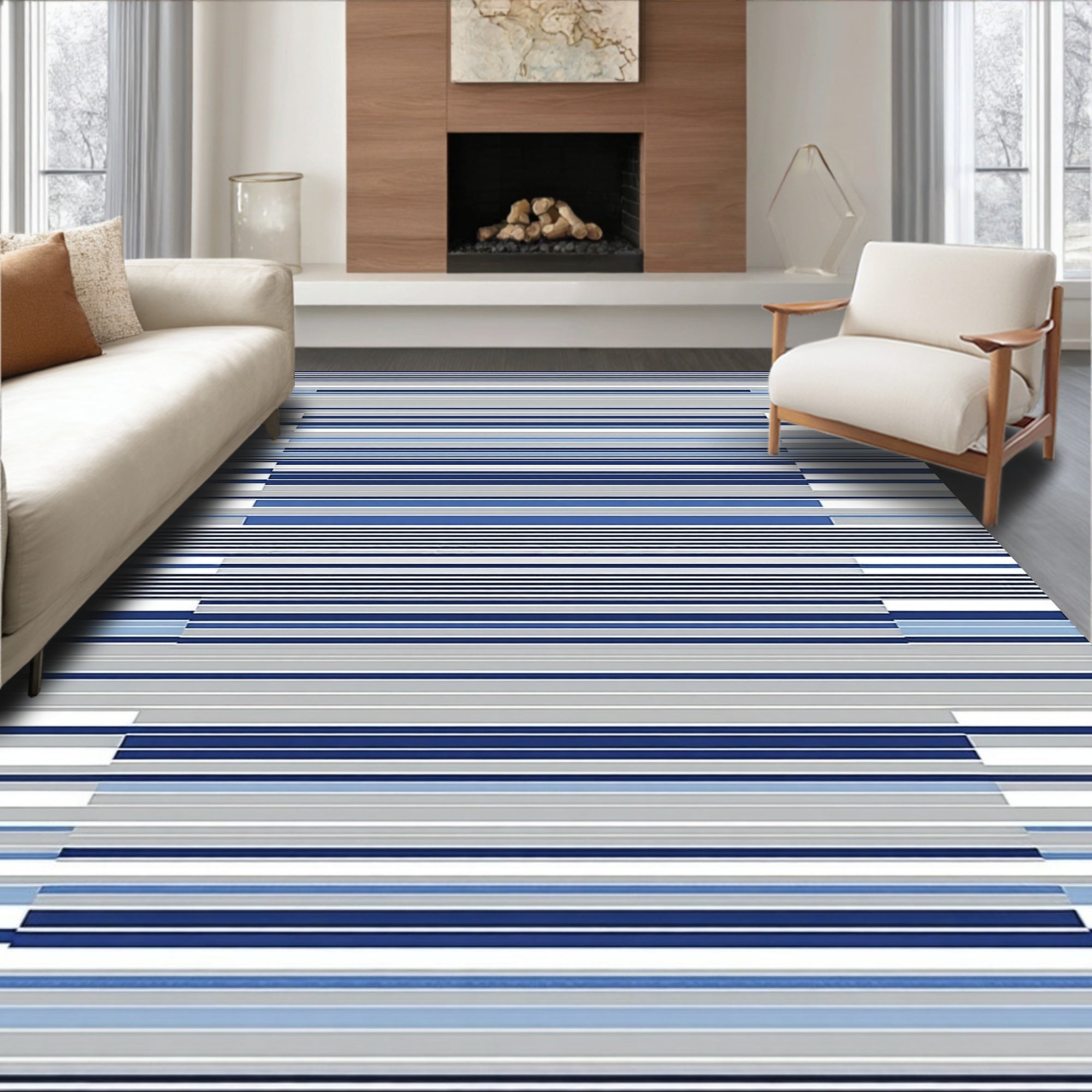 Blue Grey Horizontal Stripe Pattern Rug