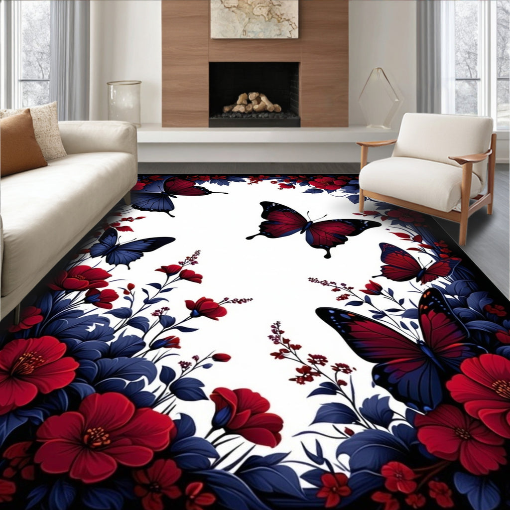 Dramatic Red Blue Butterfly Floral Rug