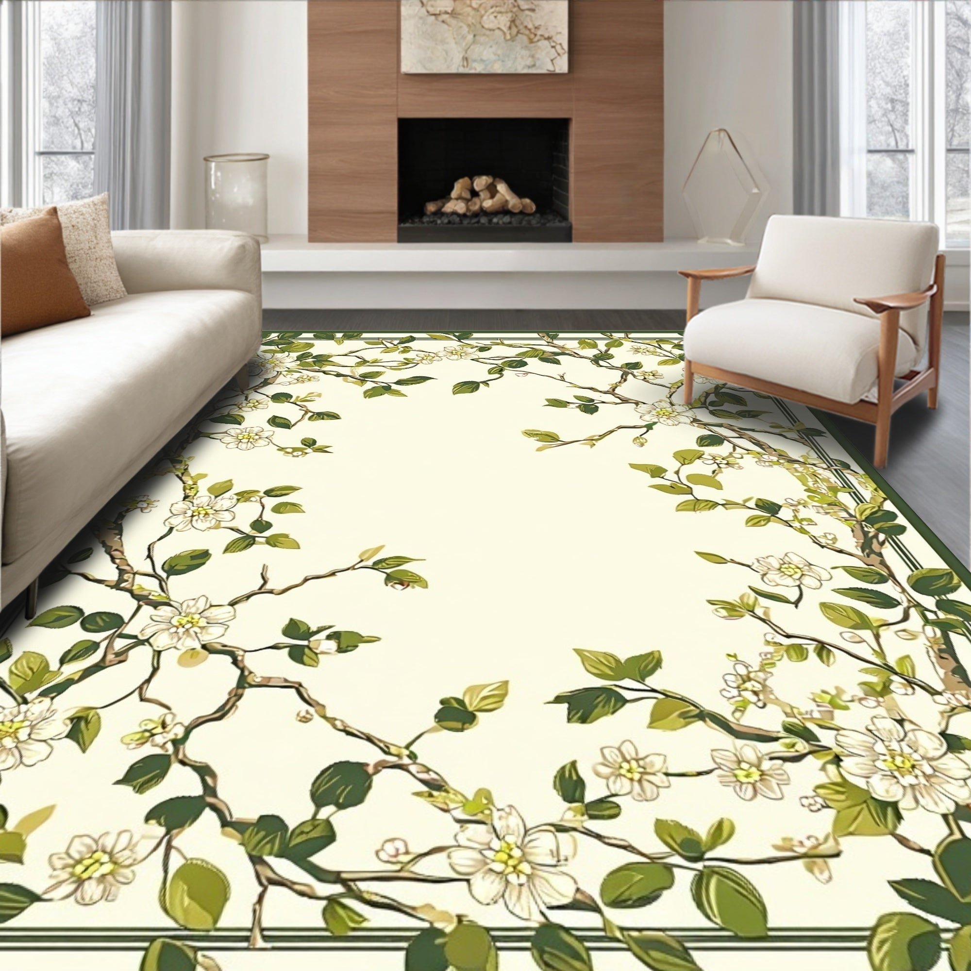 Vine Blossom And Leaf Scroll Pattern Rug
