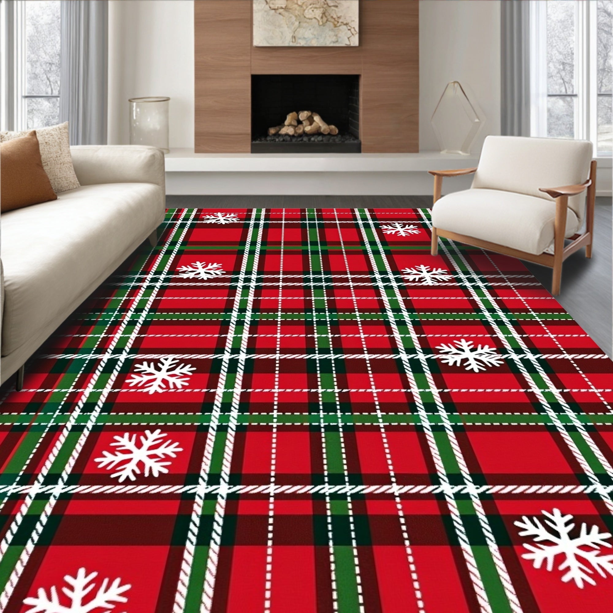 Classic Red Green Plaid Snowflakes Rug