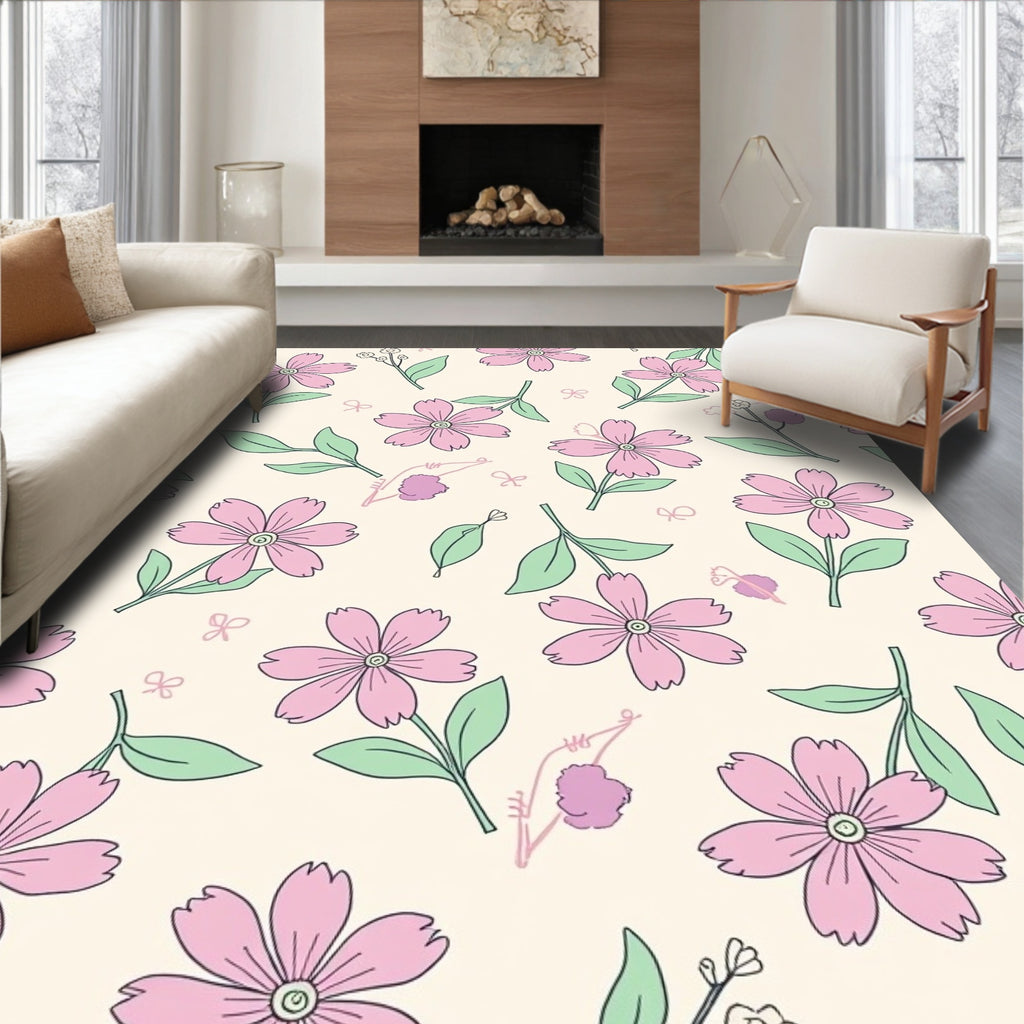 Pink Floral Botanical Pattern Rug