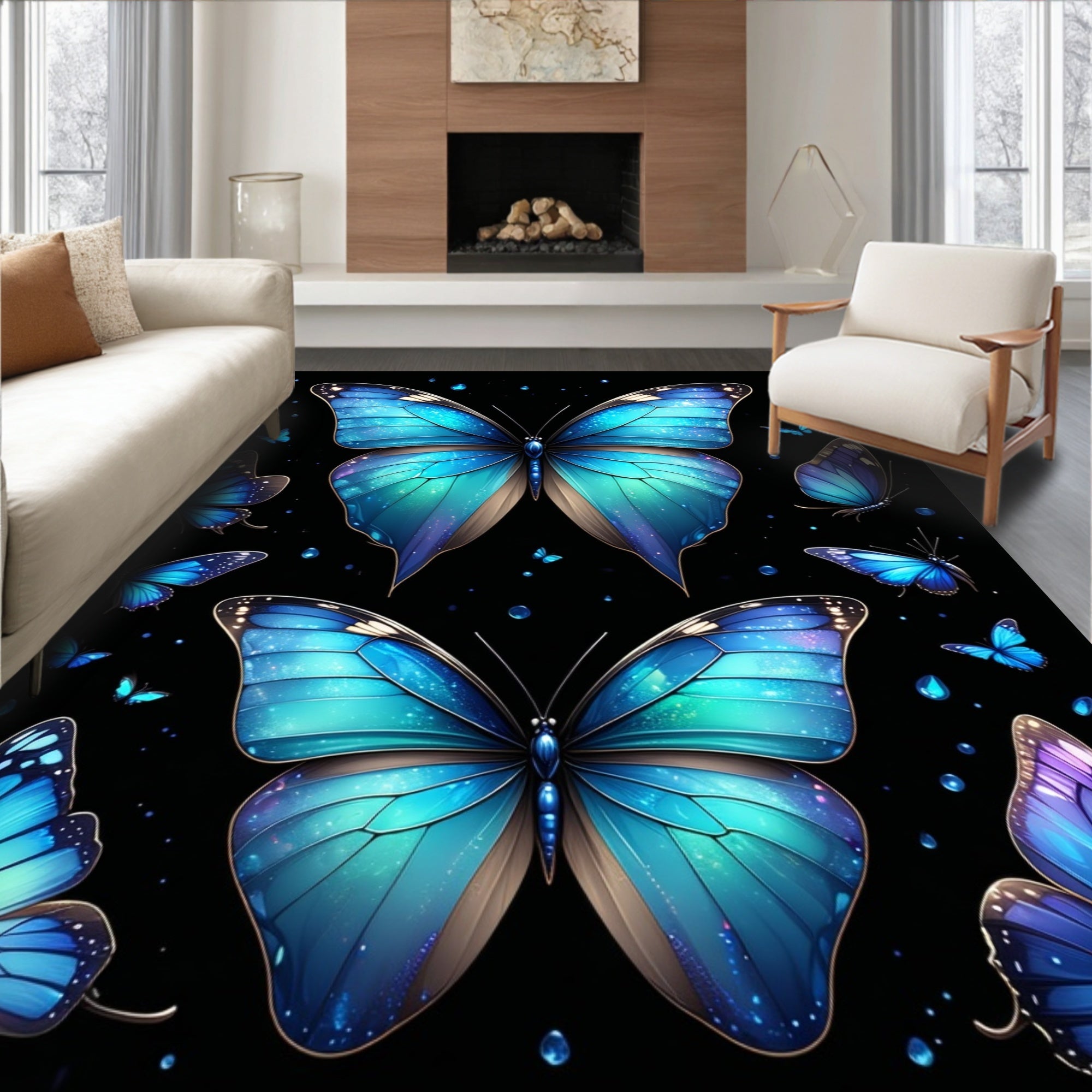 Blue Butterfly Mosaic Design Rug