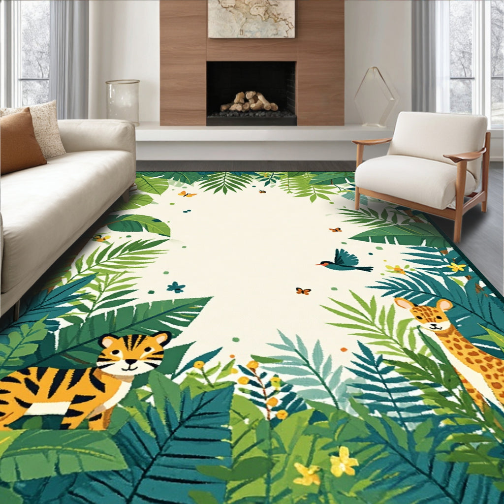 Jungle Animals Lush Foliage Design Rug