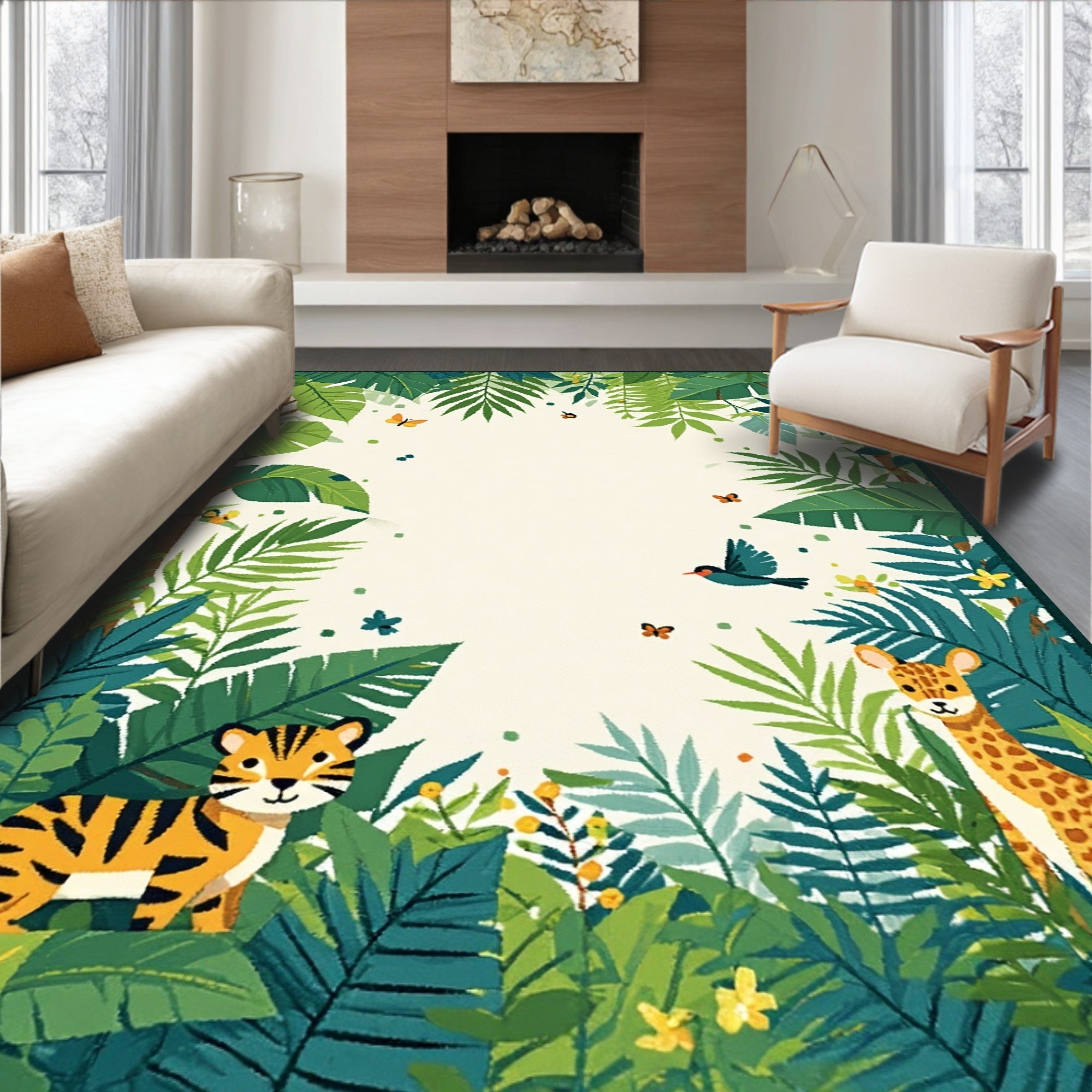 Jungle Animals Lush Foliage Design Rug