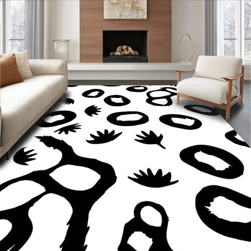 Abstract Black Oval Leaf Pattern Rug