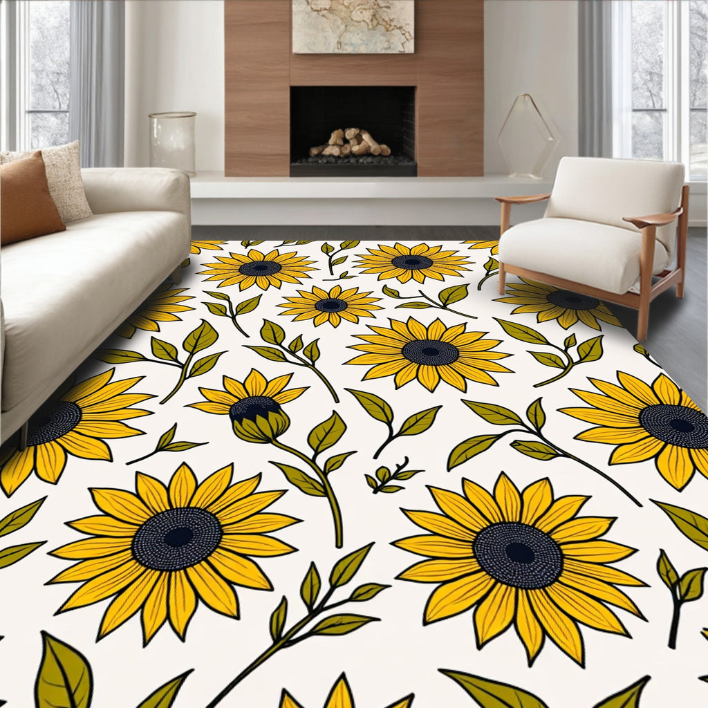 Golden Yellow Sunflower Botanical Pattern Rug
