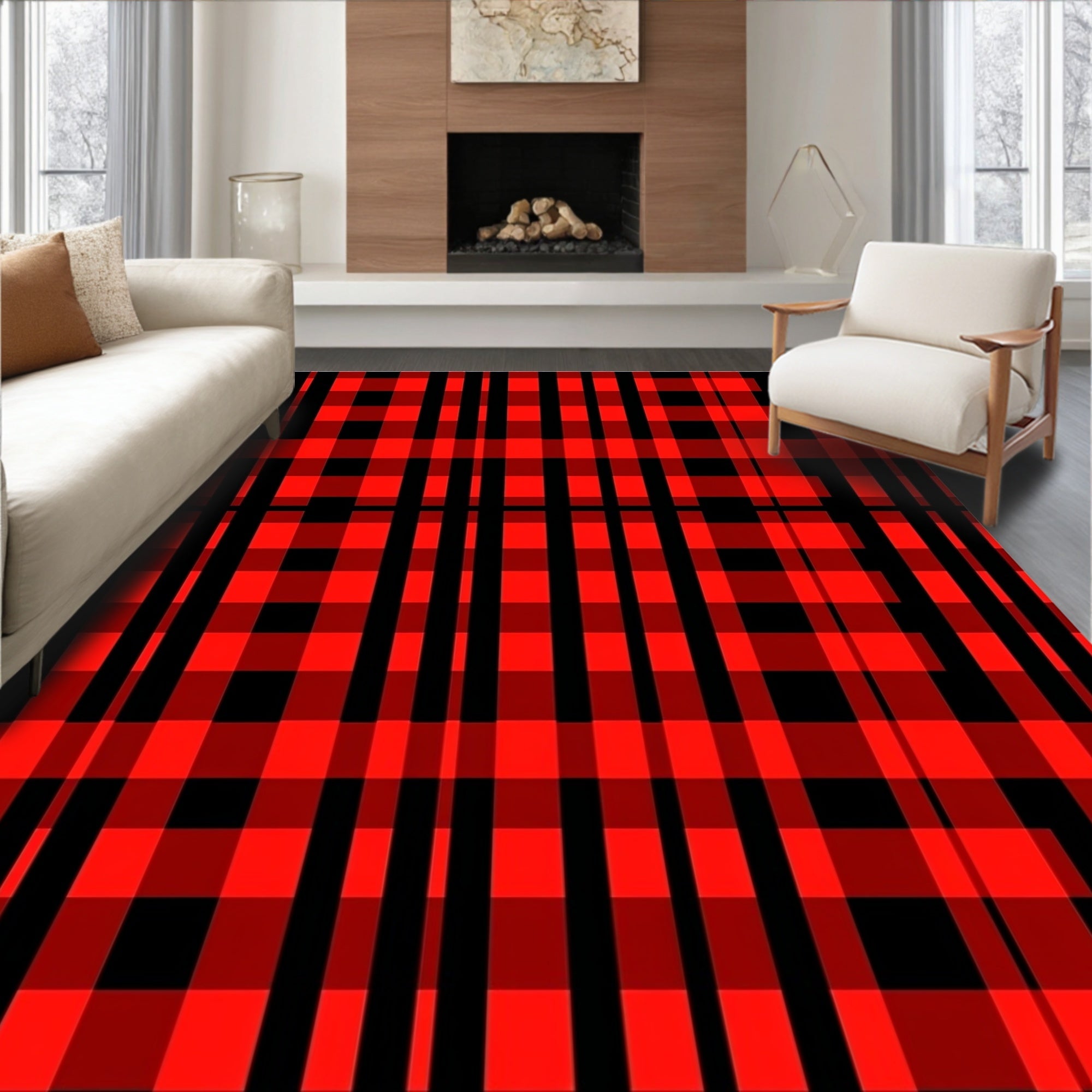 Bold Red Black Plaid Weave Rug