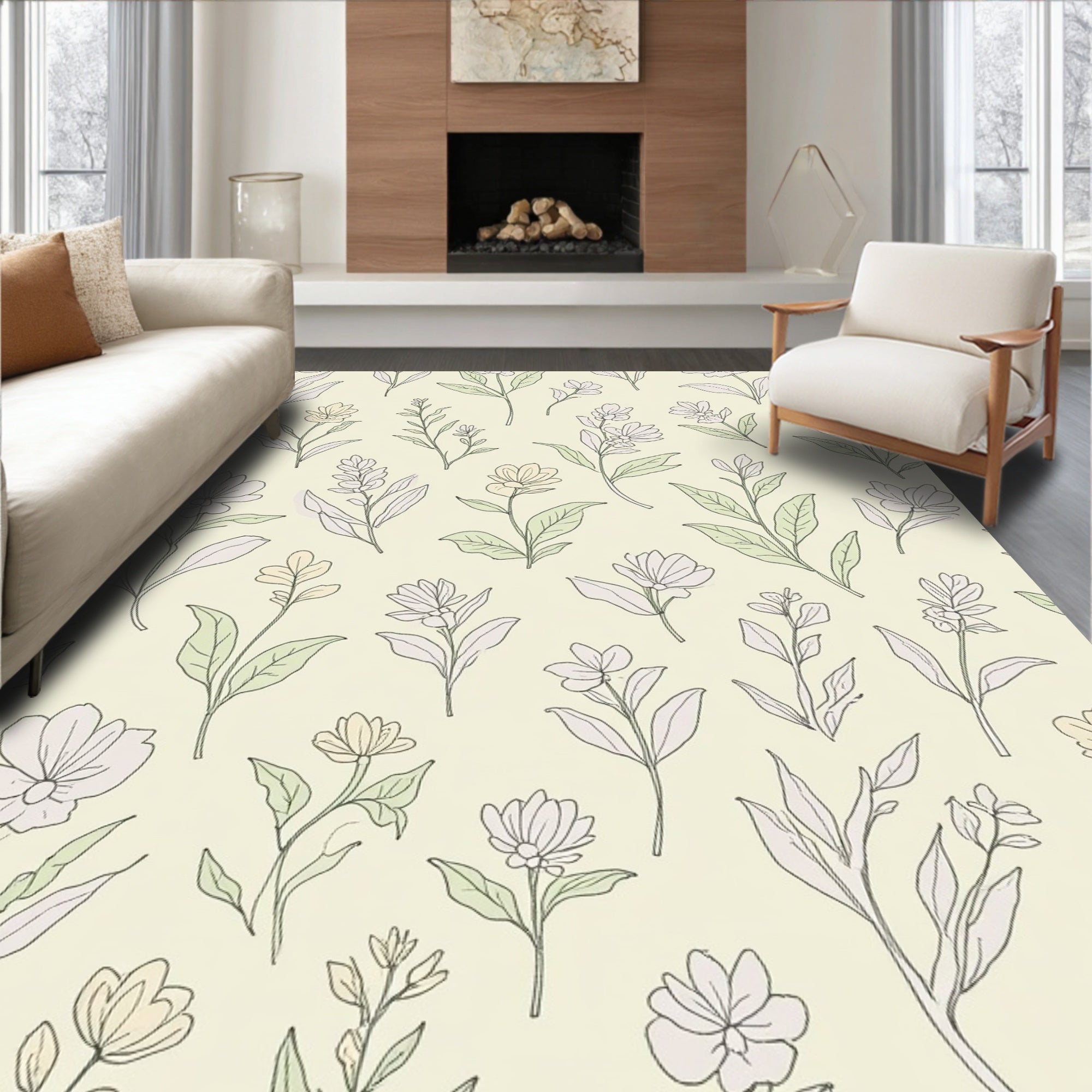Delicate Floral Outline Pattern Rug