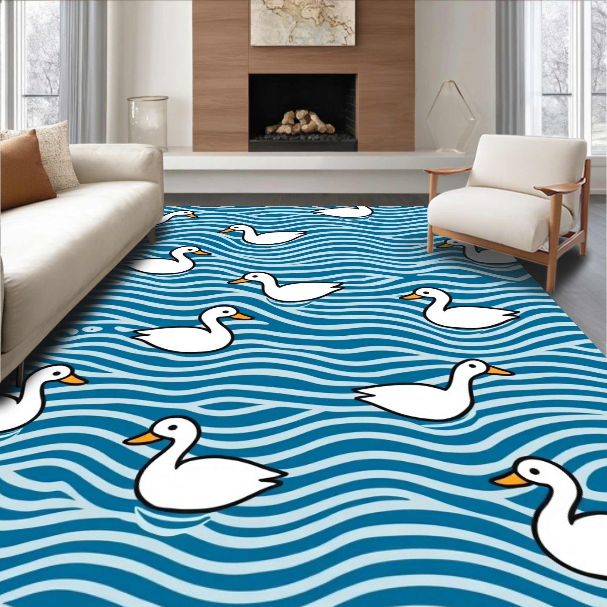 White Ducks On Blue Waves Rug