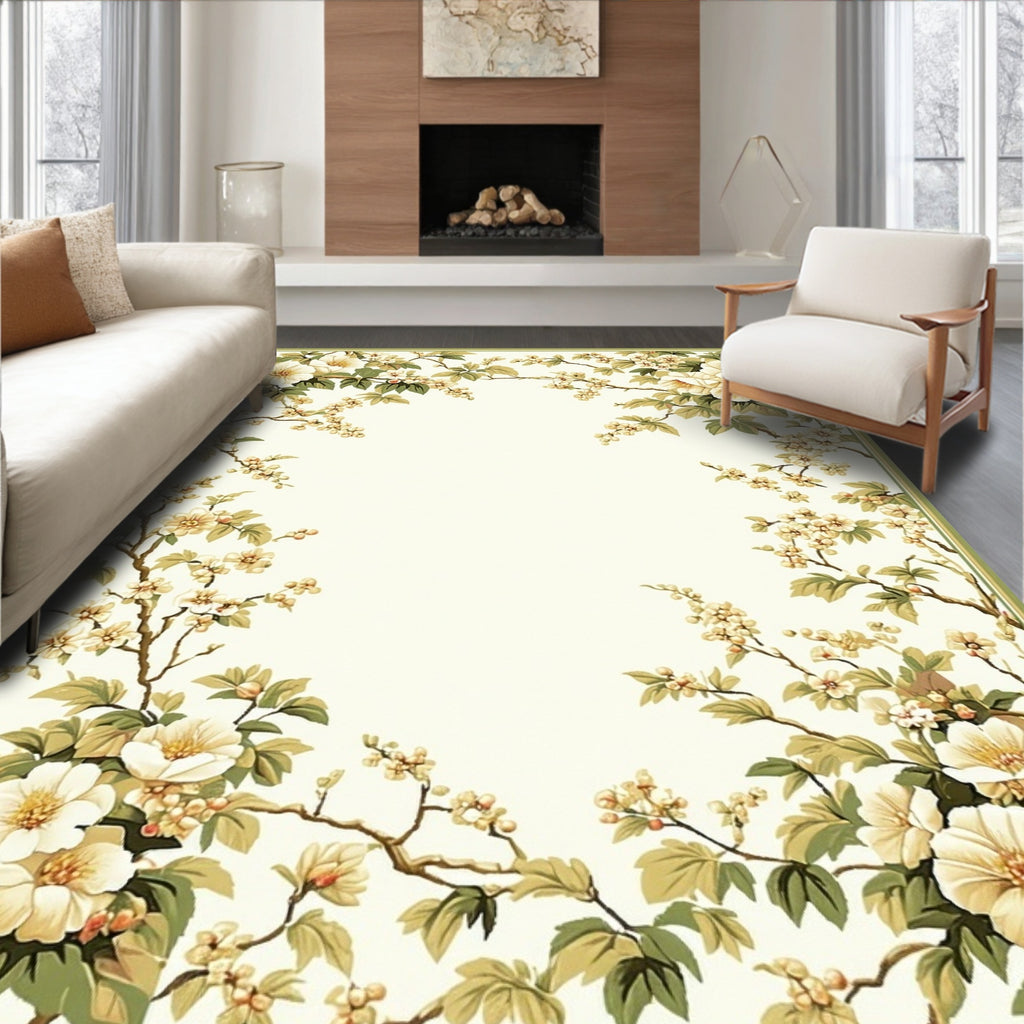 Cream Floral Branch Garden Pattern Rug