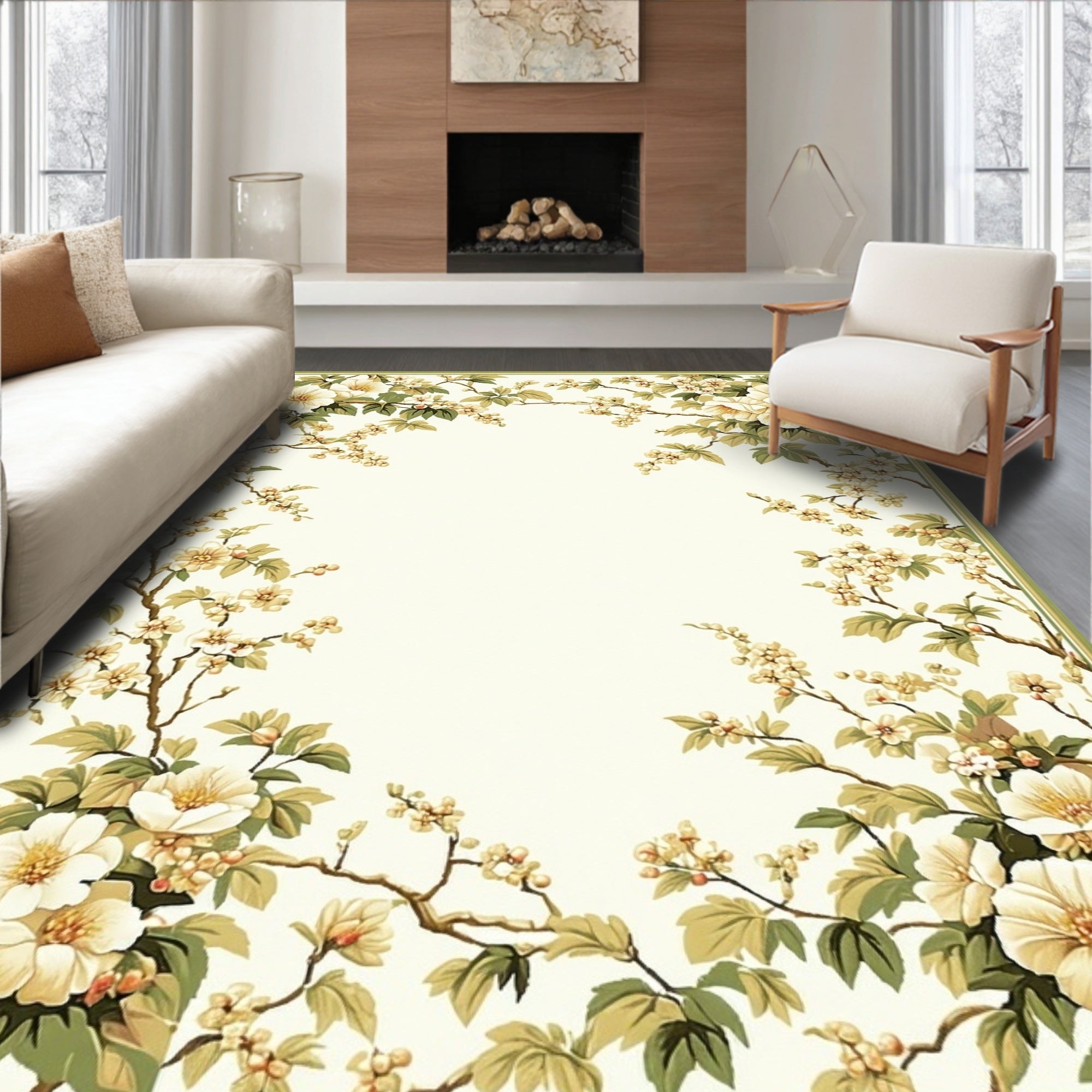 Cream Floral Branch Garden Pattern Rug