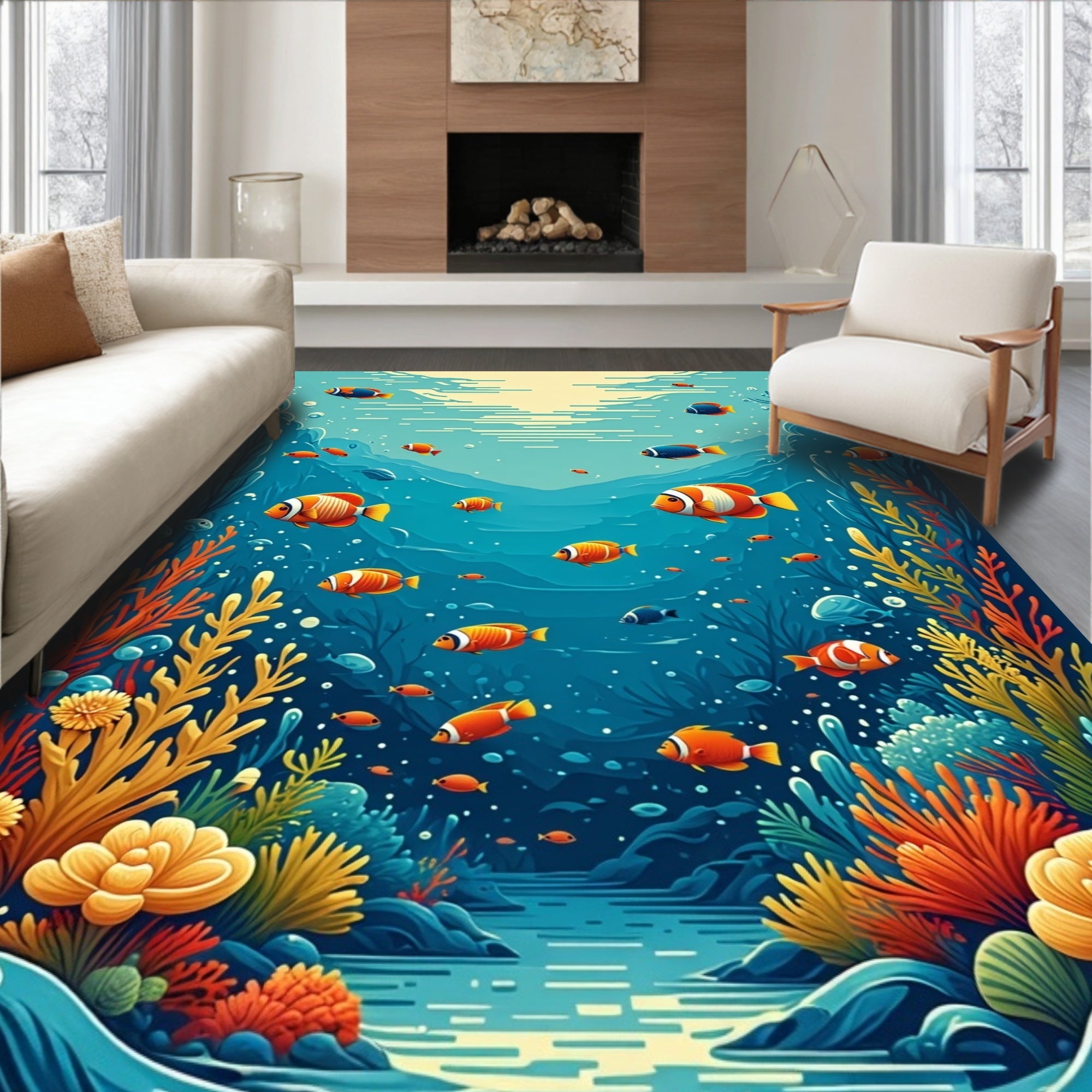 Vibrant Coral Reef Fish Scene Rug