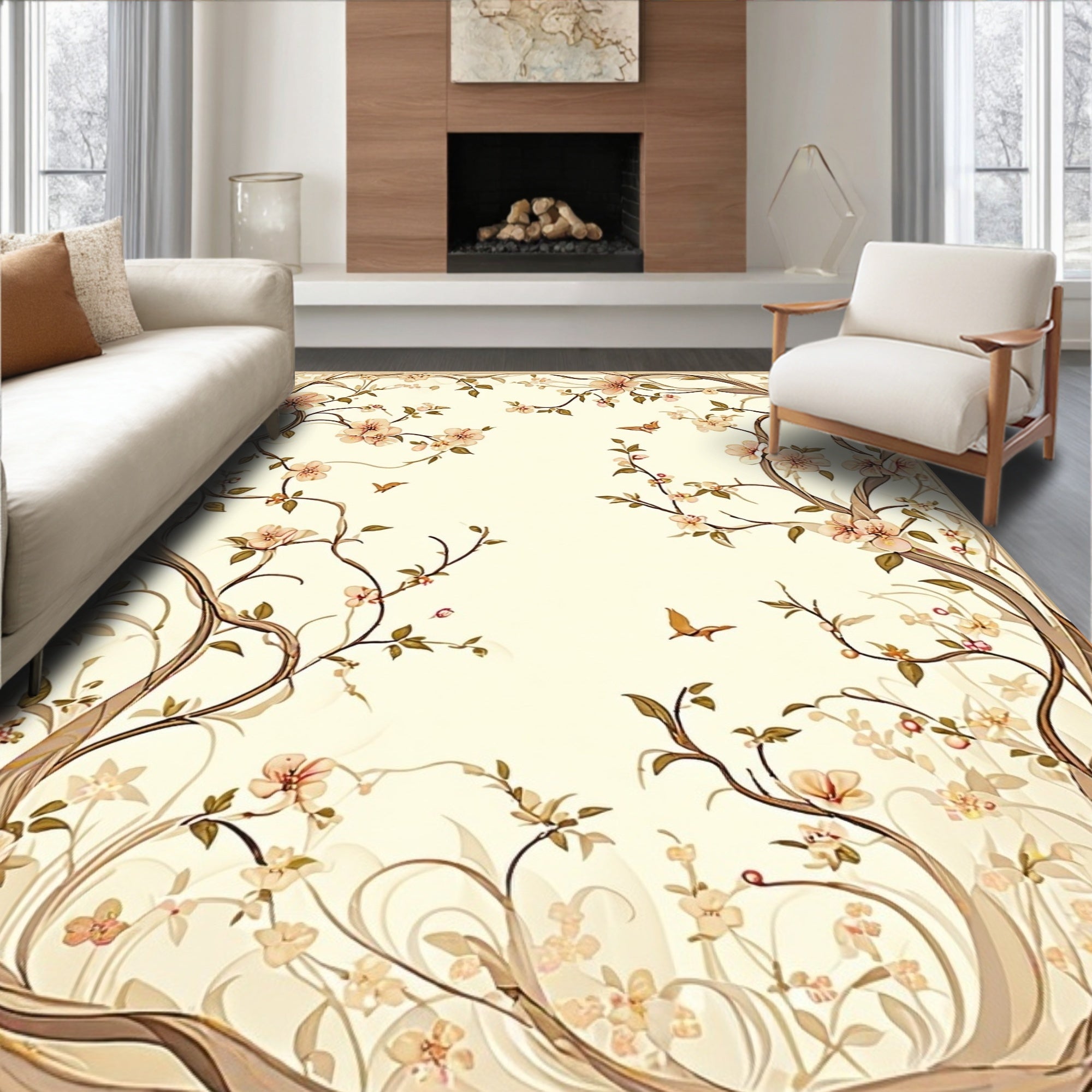 Elegant Floral Branches With Birds Design Rug