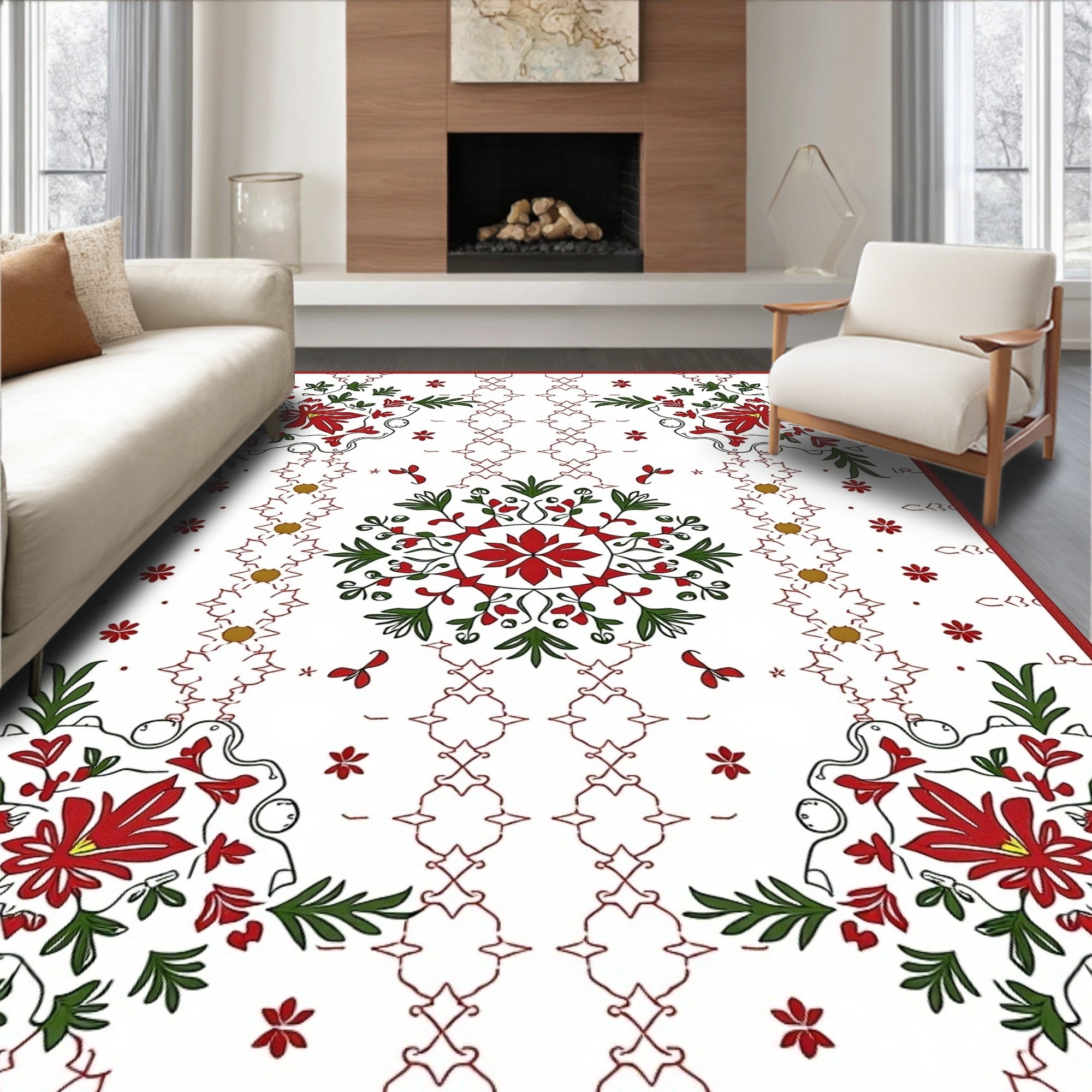 Crimson Green Floral Symmetry Medallions Rug