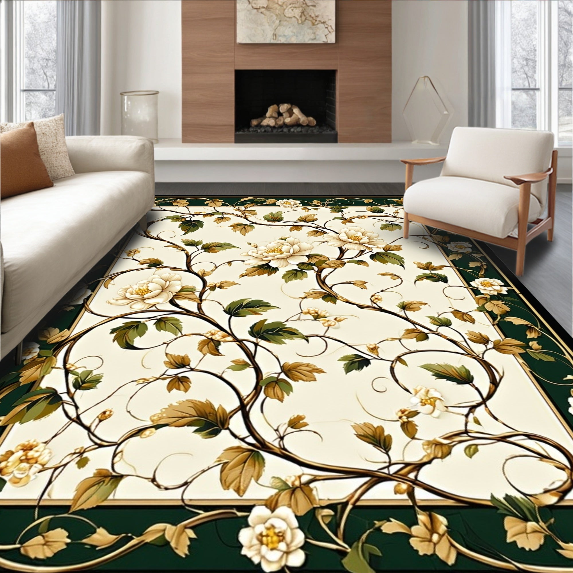 Floral Vine Detailed Scrollwork Design Rug