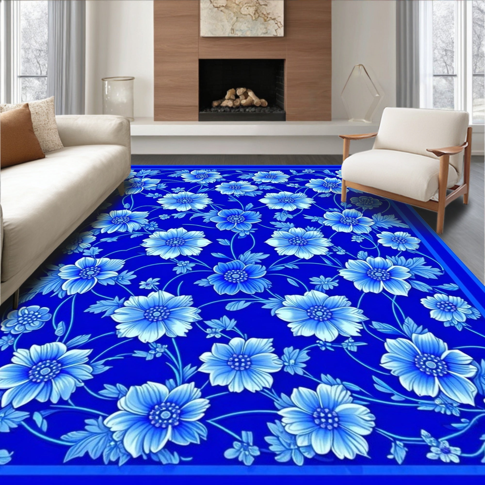Blue Floral Vintage Scrollwork Rug