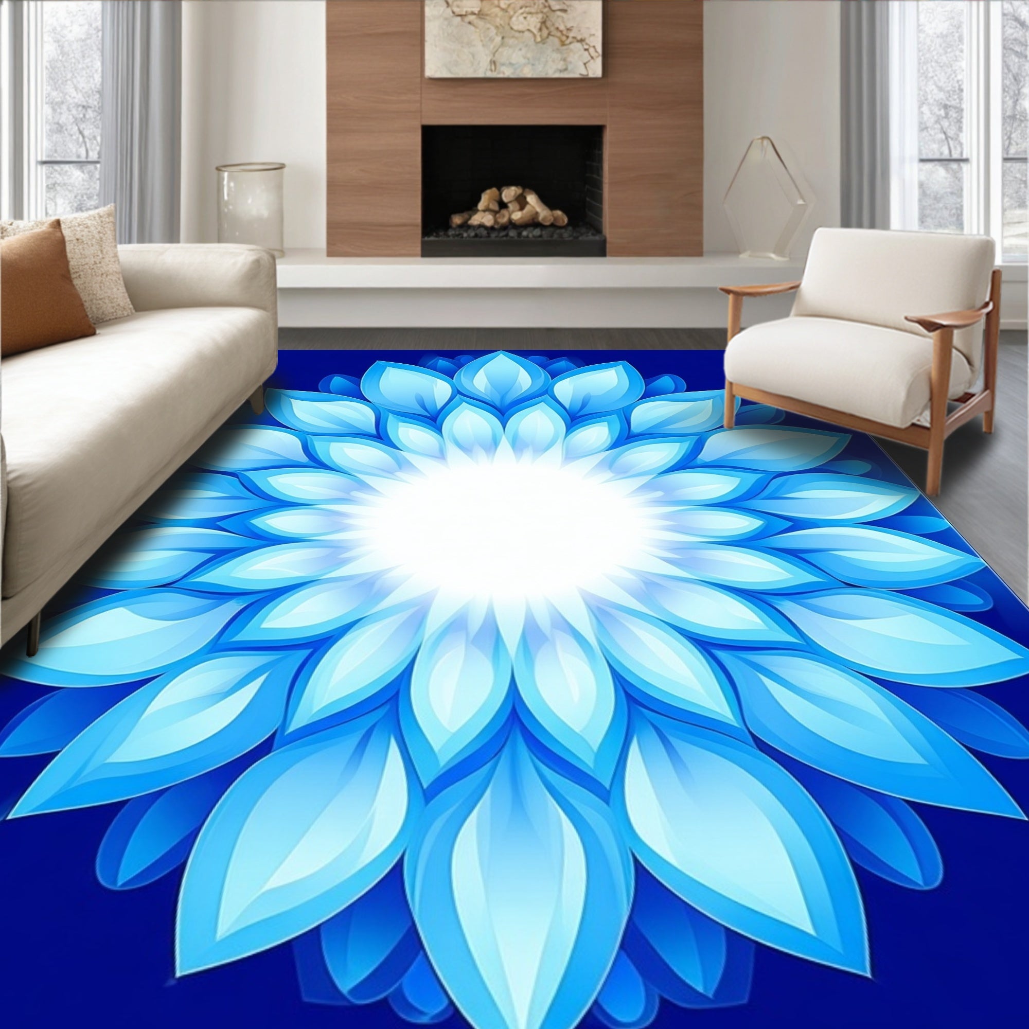 Radiant Blue Petal Mandala Design Rug