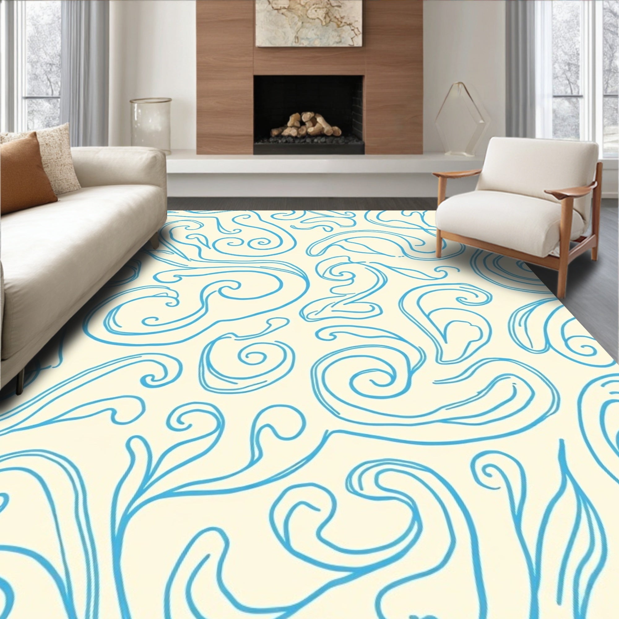 Blue Swirls On Cream Background Rug