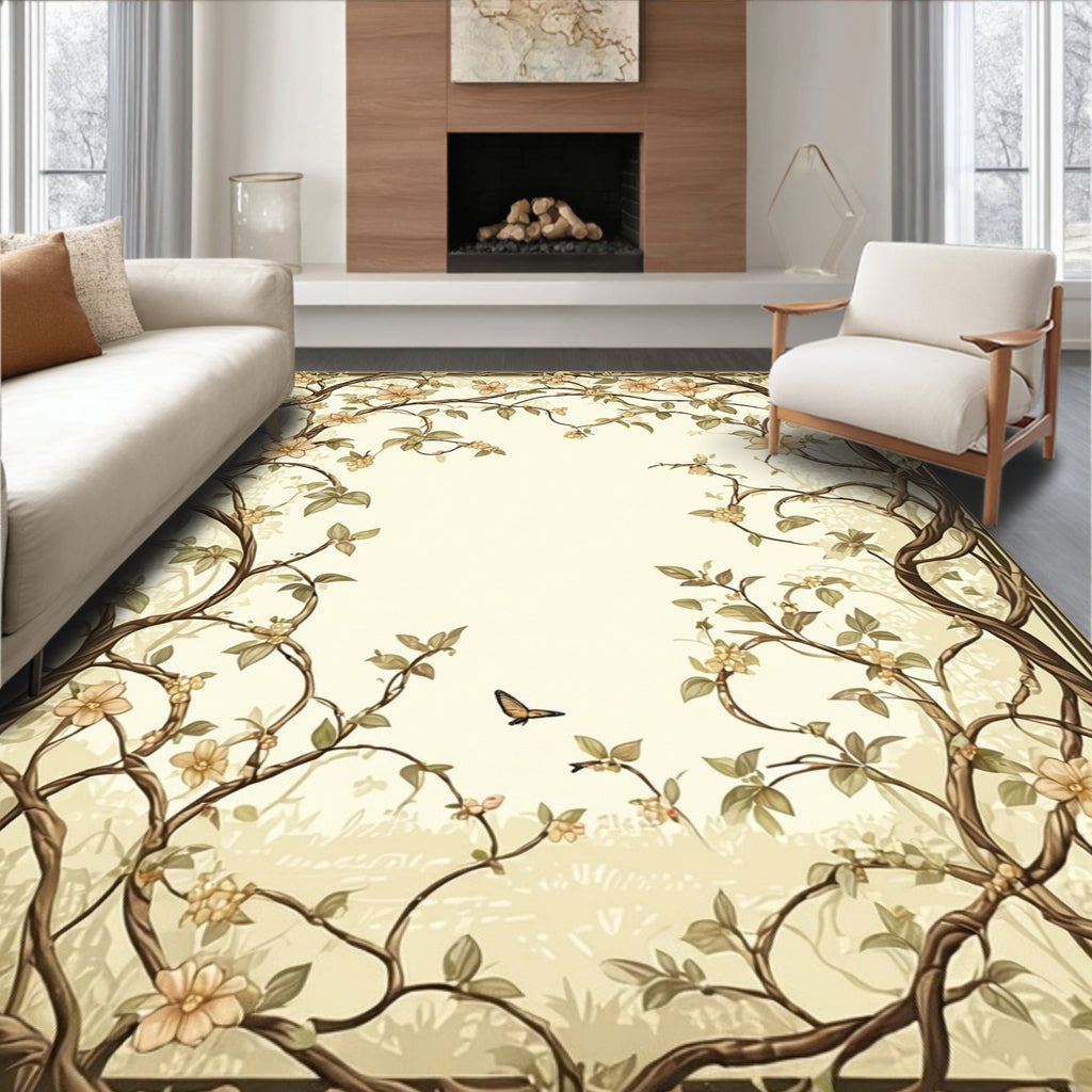 Vintage Floral Vines Butterfly Border Rug