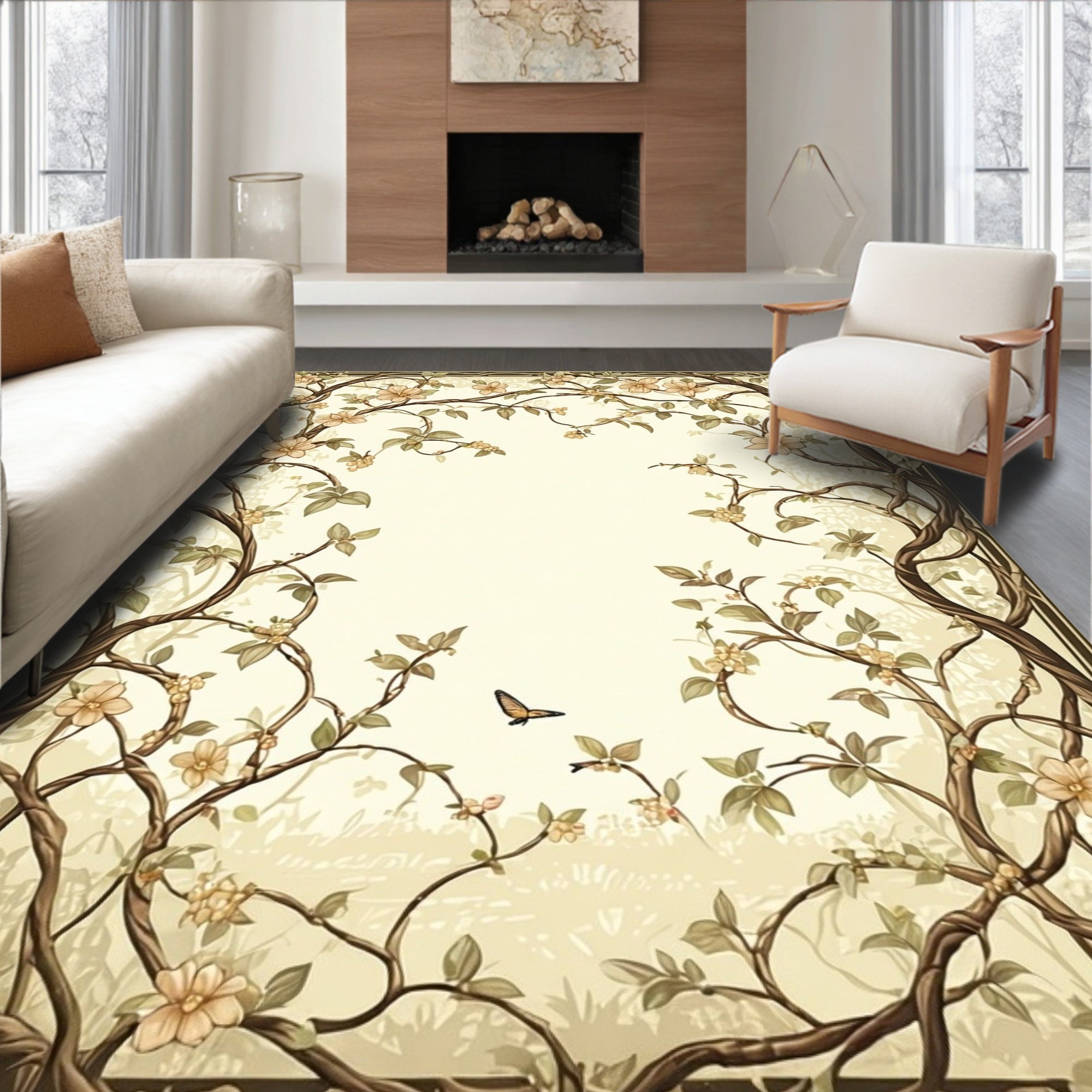 Vintage Floral Vines Butterfly Border Rug