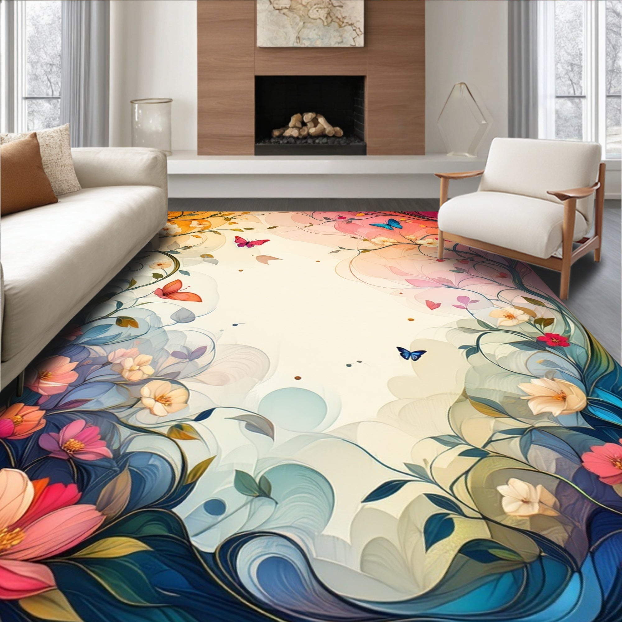 Whimsical Floral Vines Butterflies Art Rug