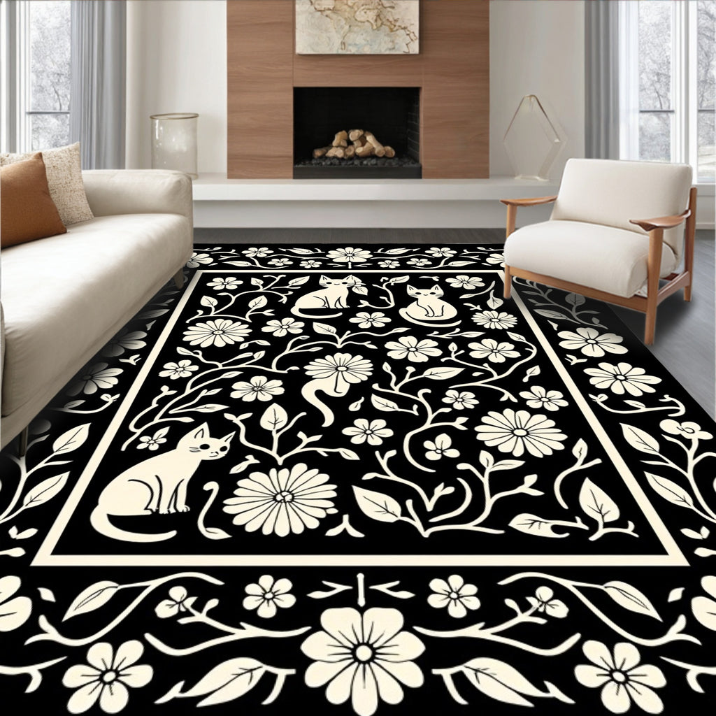 Whimsical Floral Kitten Silhouette Pattern Rug