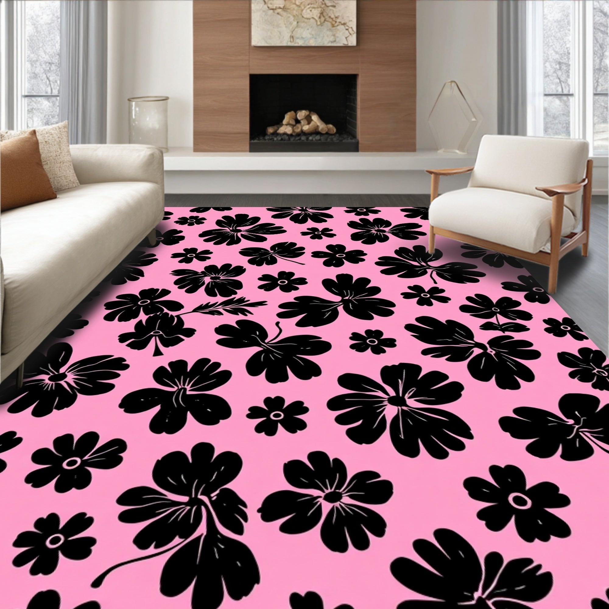 Bold Black 5-Petal Flower Motif Rug