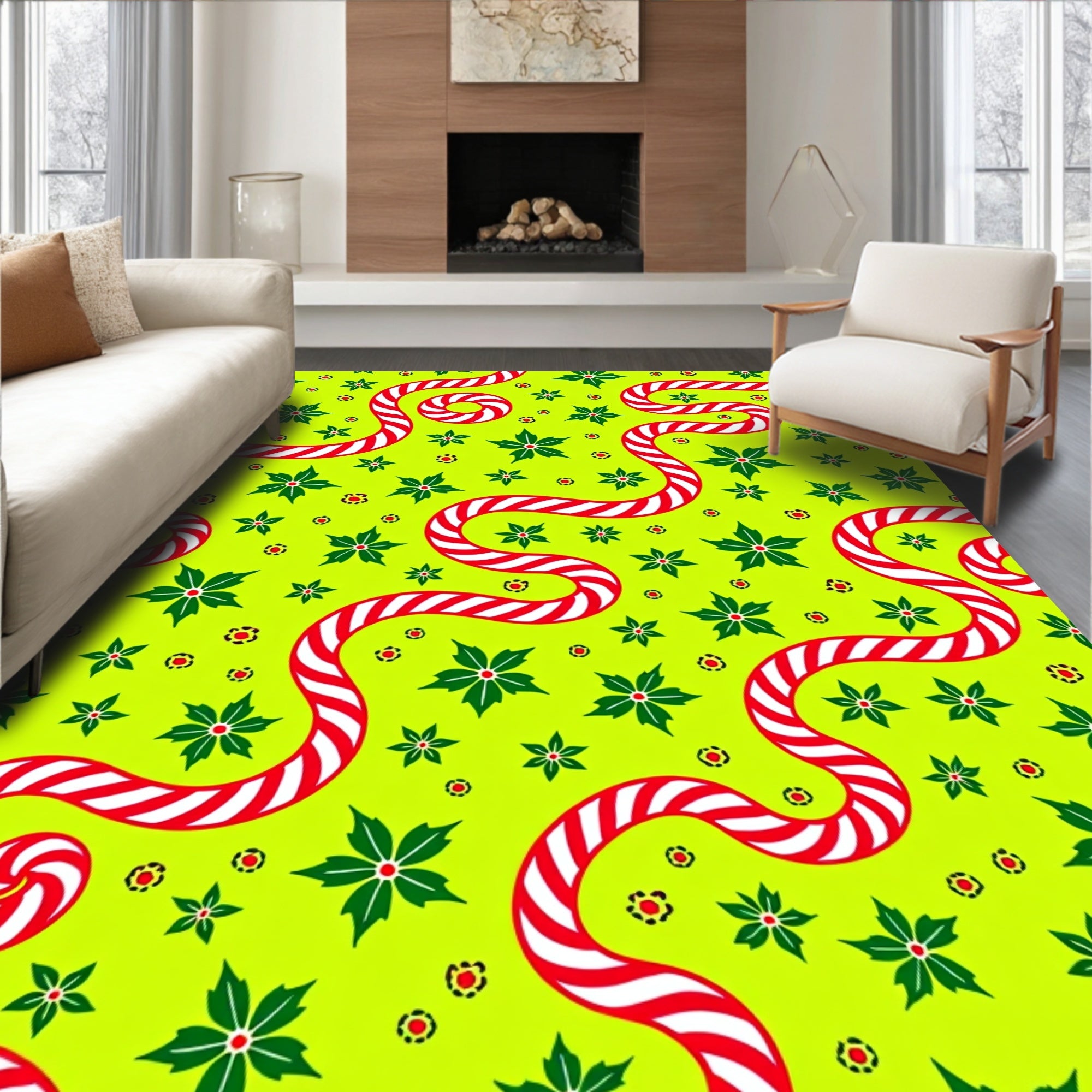 Lime Green Candy Cane Poinsettia Swirl Rug