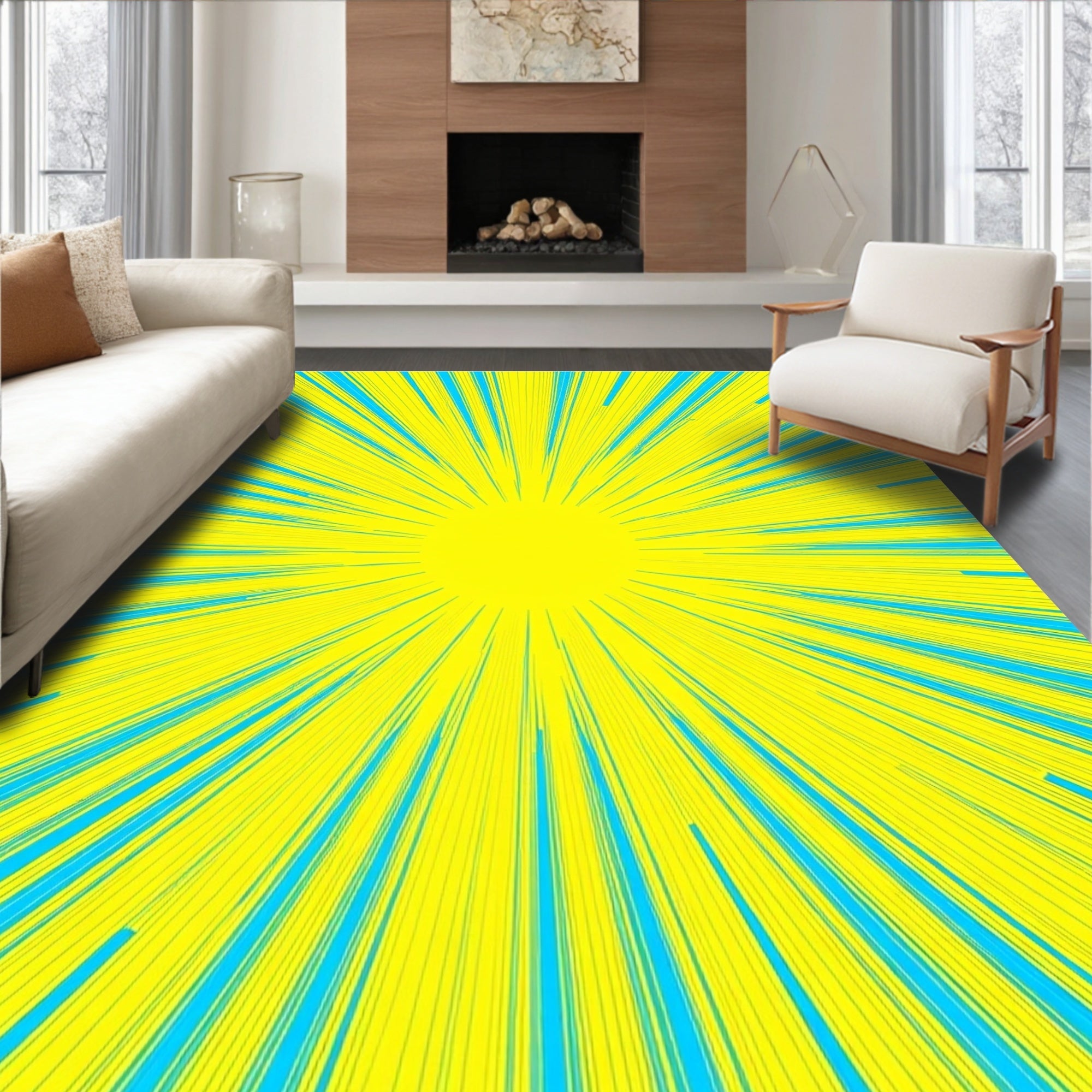 Vivid Yellow Blue Burst Pattern Rug