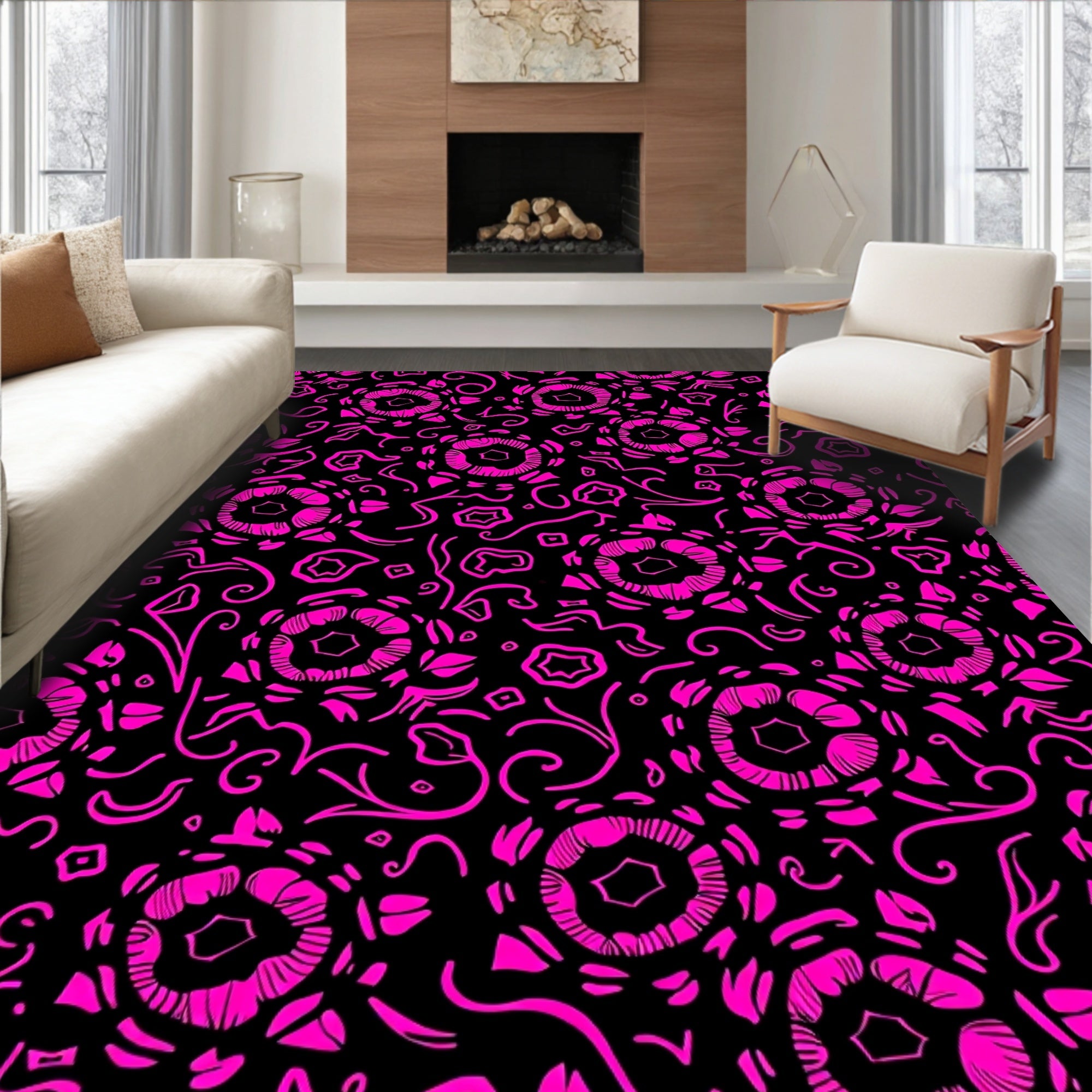 Hot Pink Floral Swirl Pattern Rug