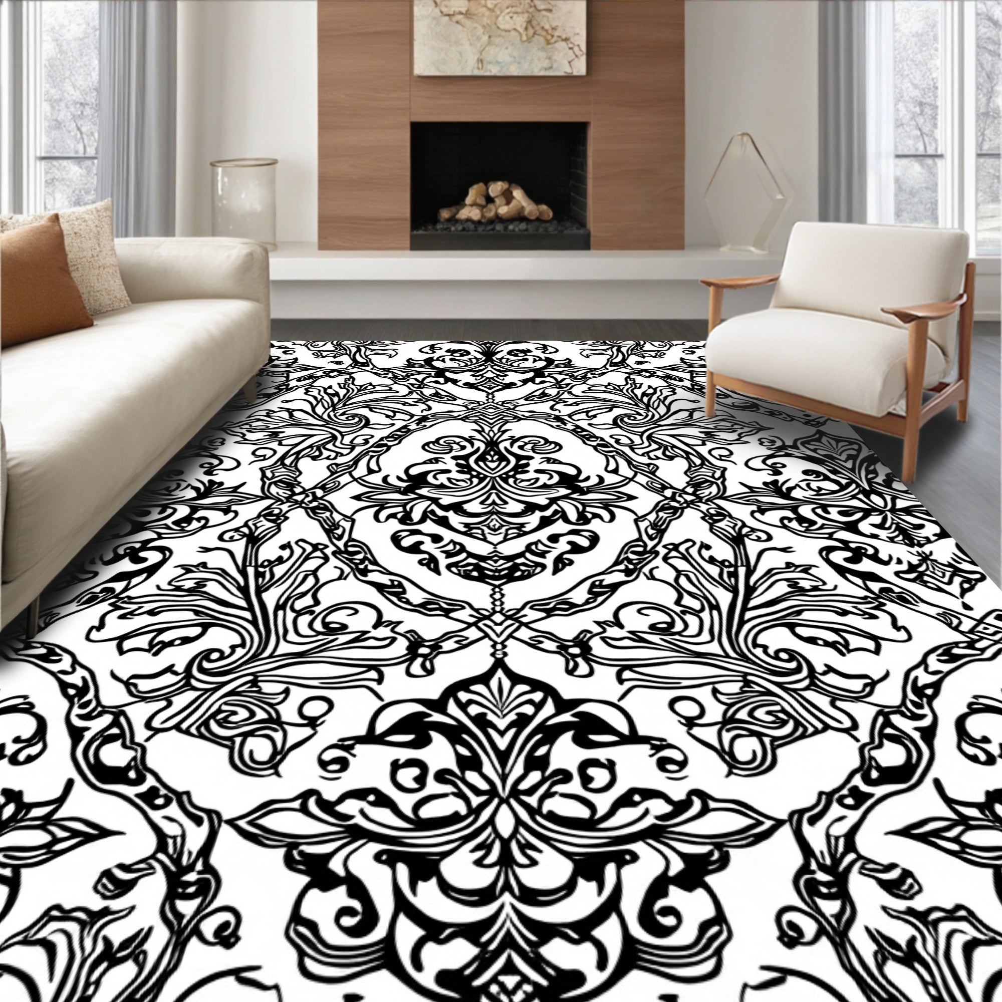 Black White Classic Floral Damask Rug