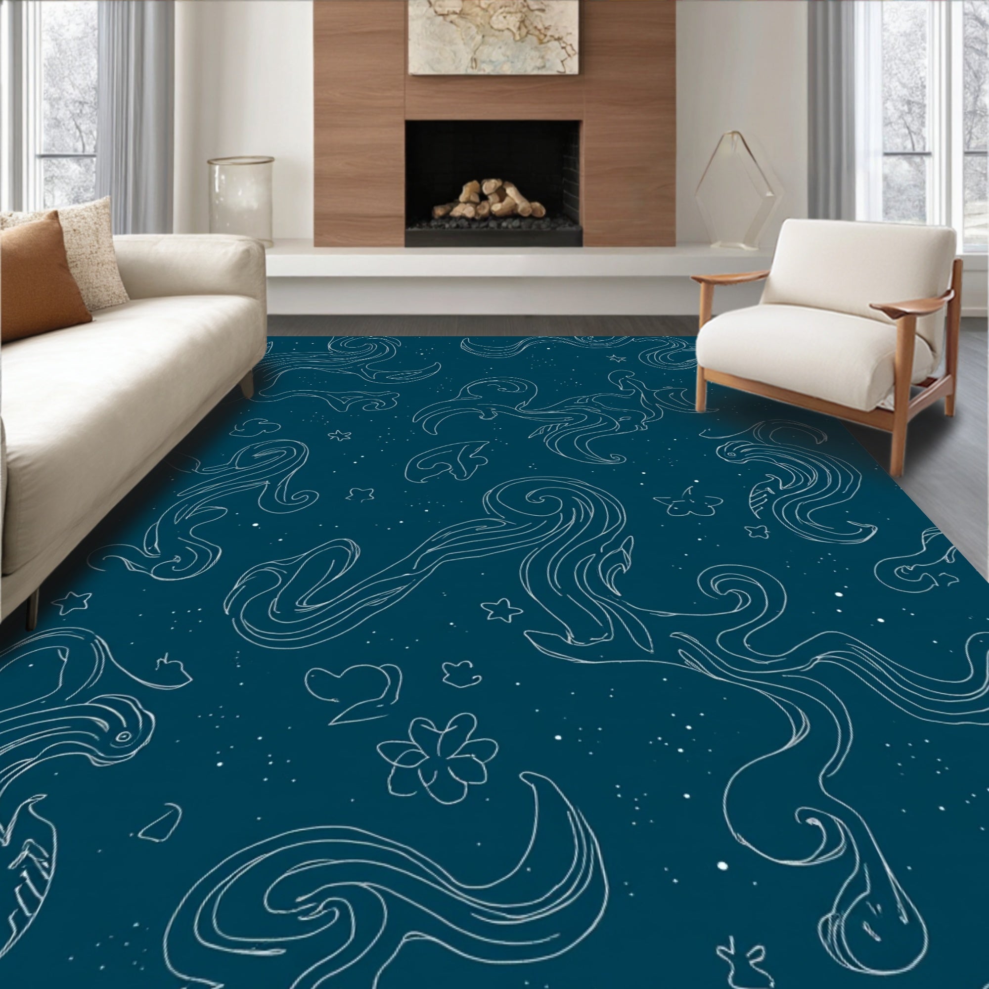 Whimsical Swirls and Stars Pattern Rug