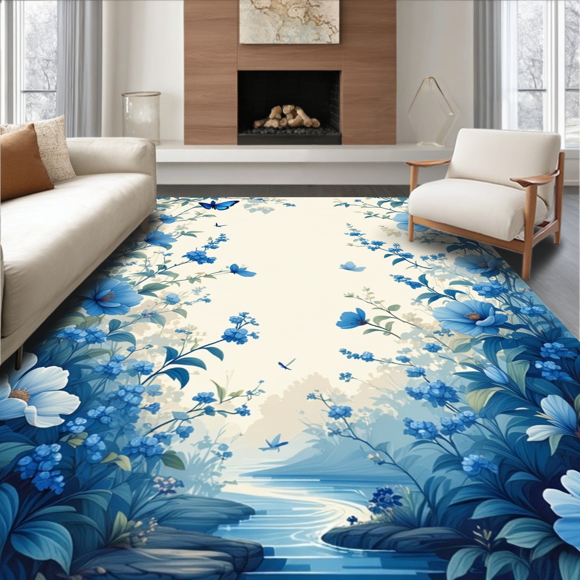 Vibrant Blue Floral Butterfly Garden Rug