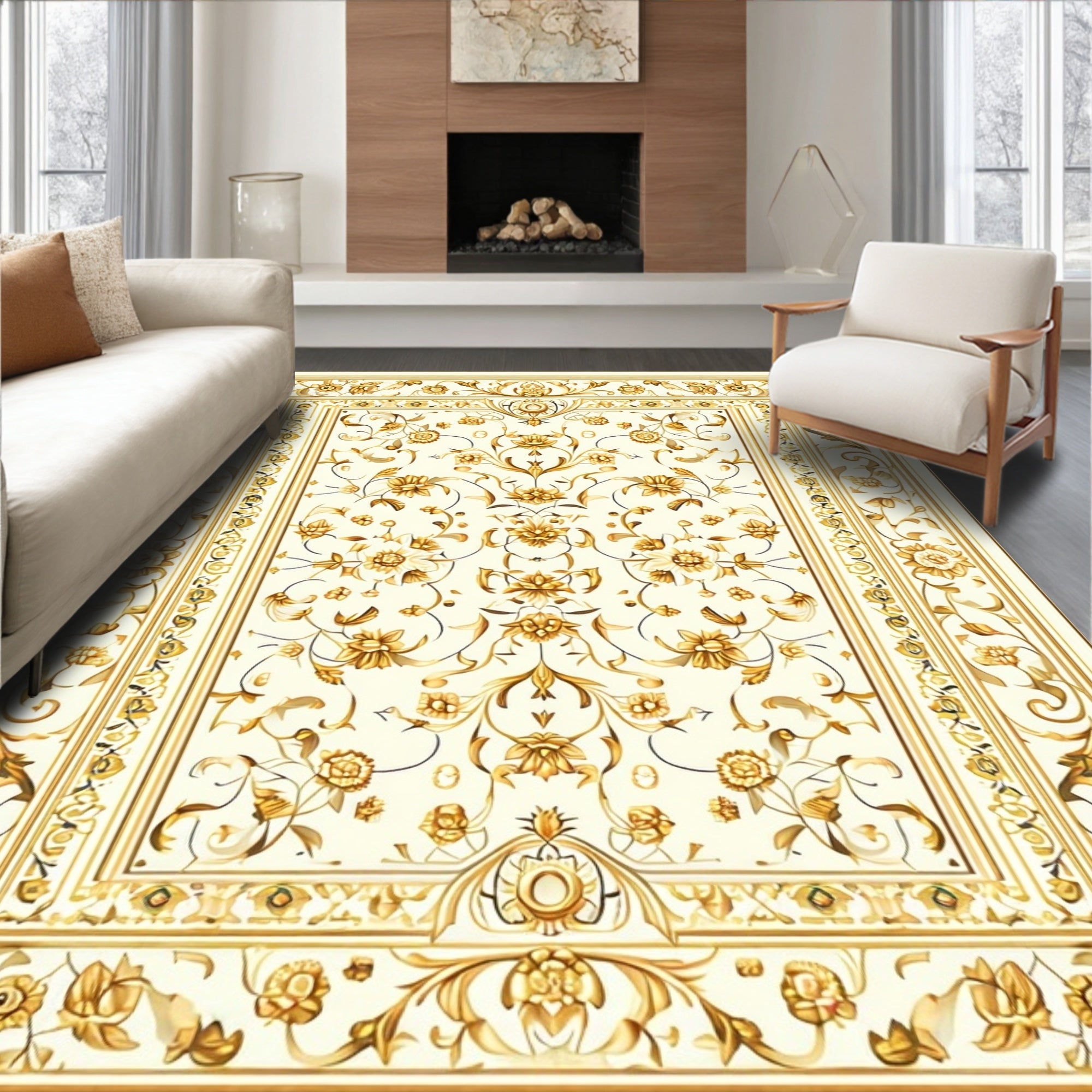 Golden Floral Bordered Rectangular Design Rug