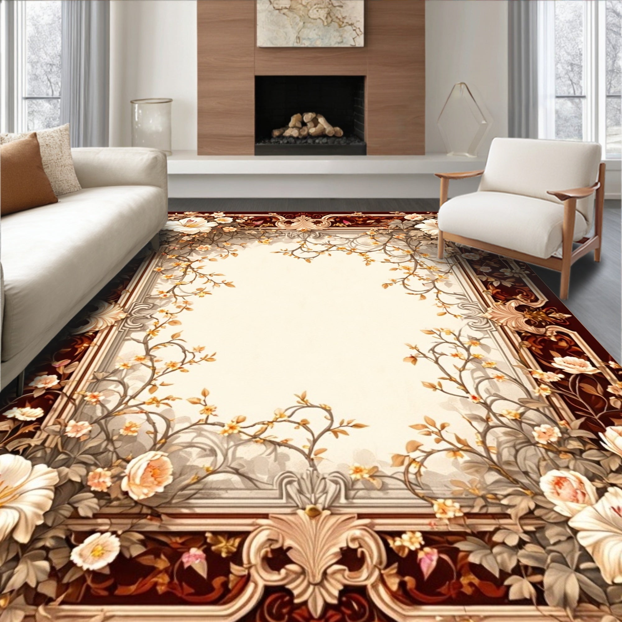 Antique Floral Vines Border Design Rug
