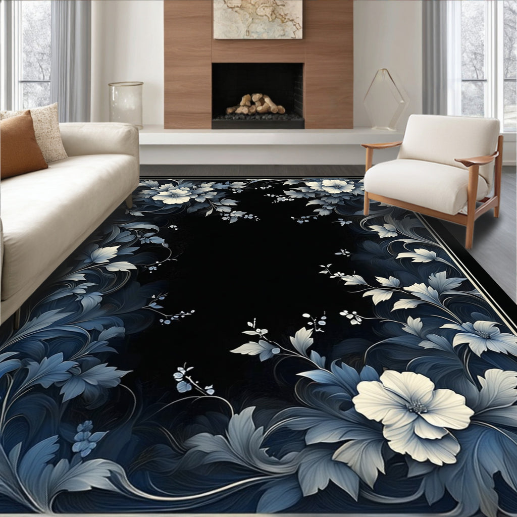Dark Elegant Floral Scroll Pattern Rug