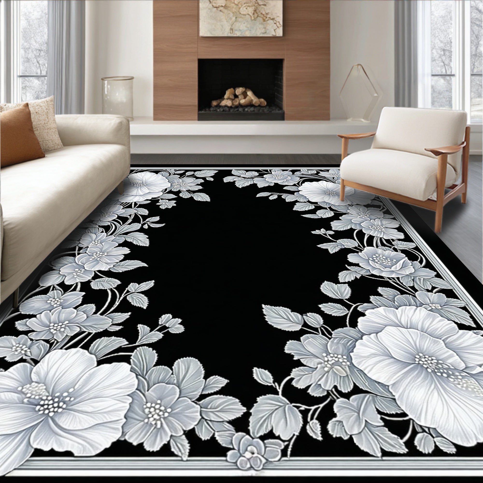 Monochromatic Floral Scrollwork Design Rug