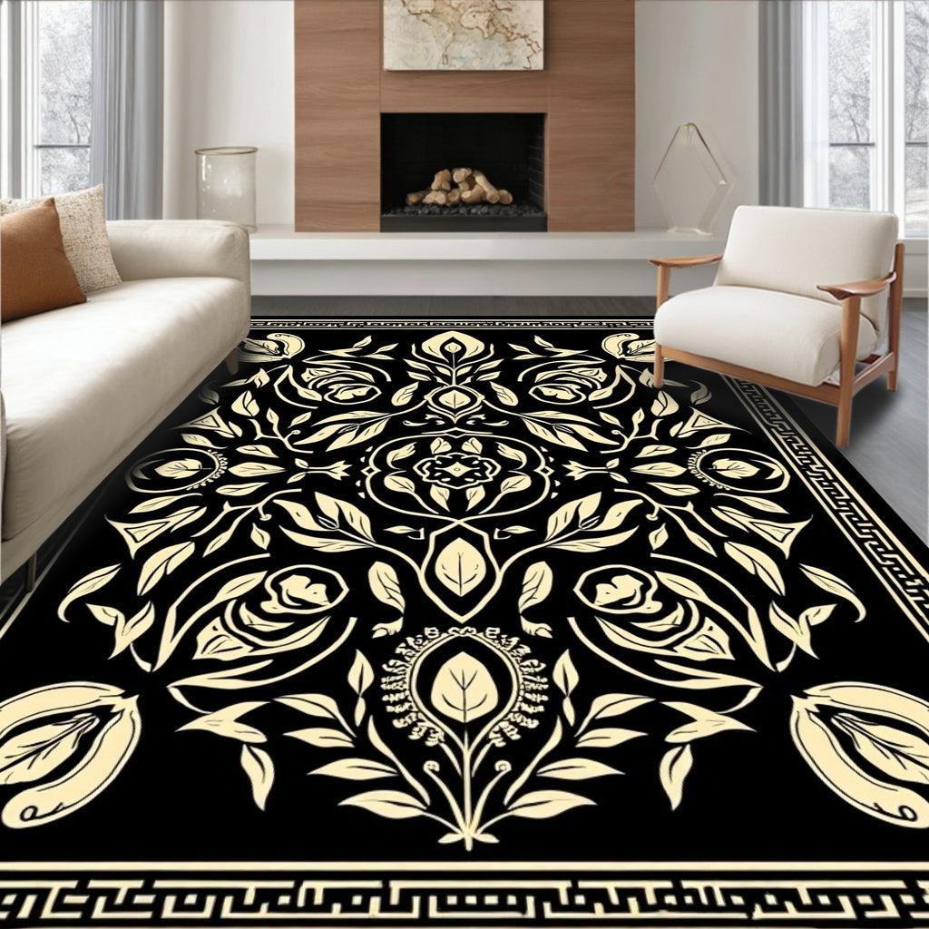 Scrolled Floral Cream Black Design Rug