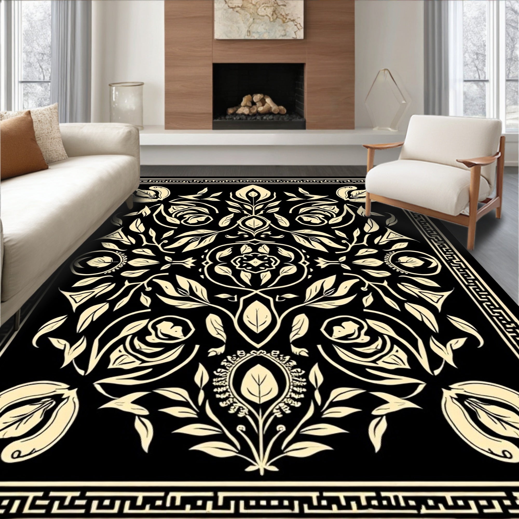 Scrolled Floral Cream Black Design Rug